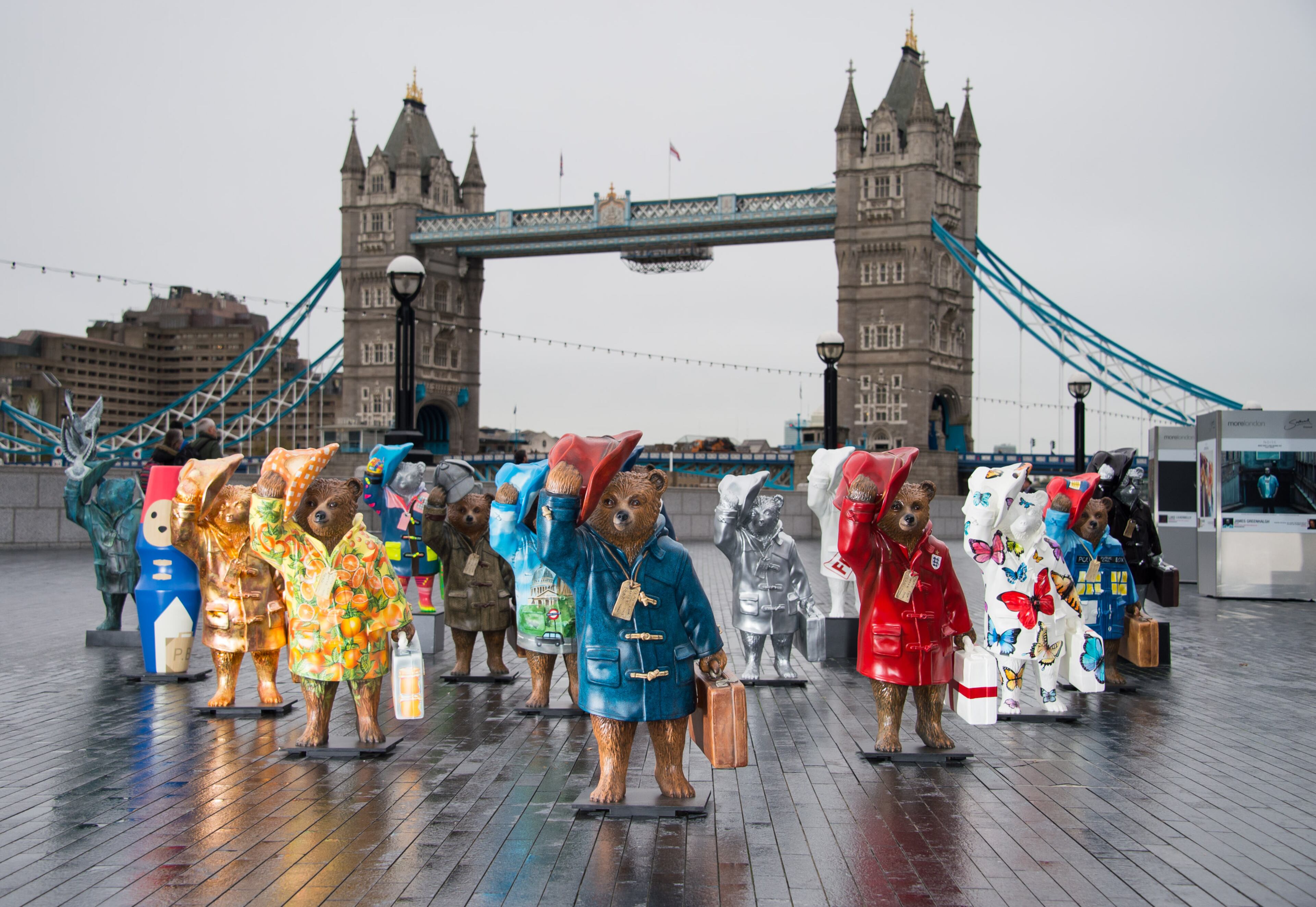 LONDON, ENGLAND - NOVEMBER 03: General view of Paddington Bear statues during the launch of The Paddington Trail at The Scoop, More London on November 3, 2014 in London, England. (Photo by Ian Gavan/Getty Images)