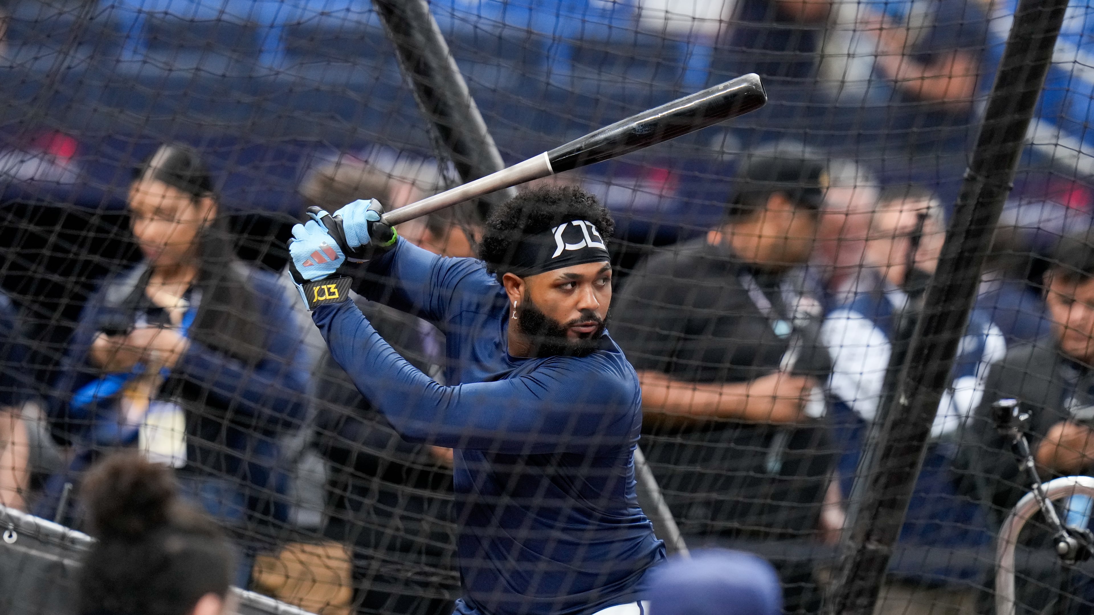 Tampa Bay Rays third baseman Junior Caminero takes batting practice prior to Game 4 of baseball's World Series, Tuesday, Oct. 27, 2026, in St. Petersburg, Fla., between the Milwaukee Brewers and the Tampa Bay Rays. (AP Photo/Chris O'Meara)