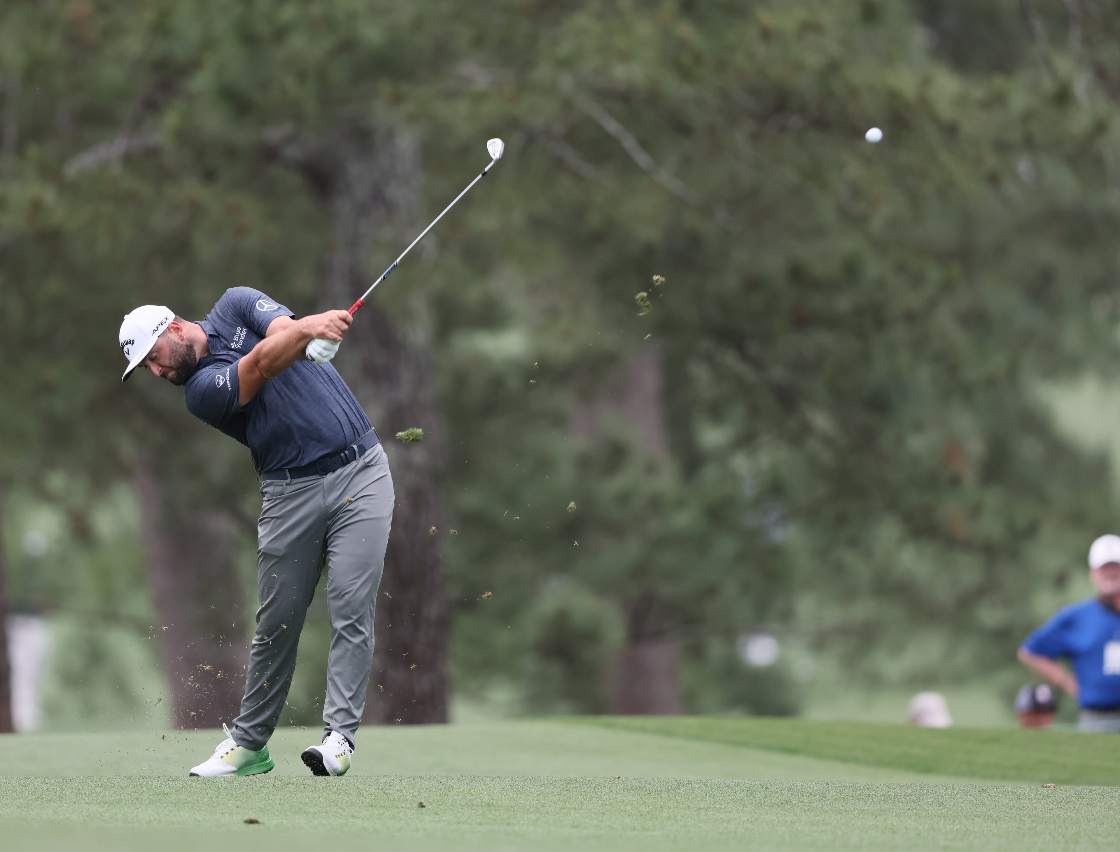 Jon Rahm hits second shot on 17th hole during first round of the 2023 Masters Tournament at Augusta National Golf Club, Thursday, April 6, 2023, in Augusta, Ga. (Jason Getz / Jason.Getz@ajc.com)