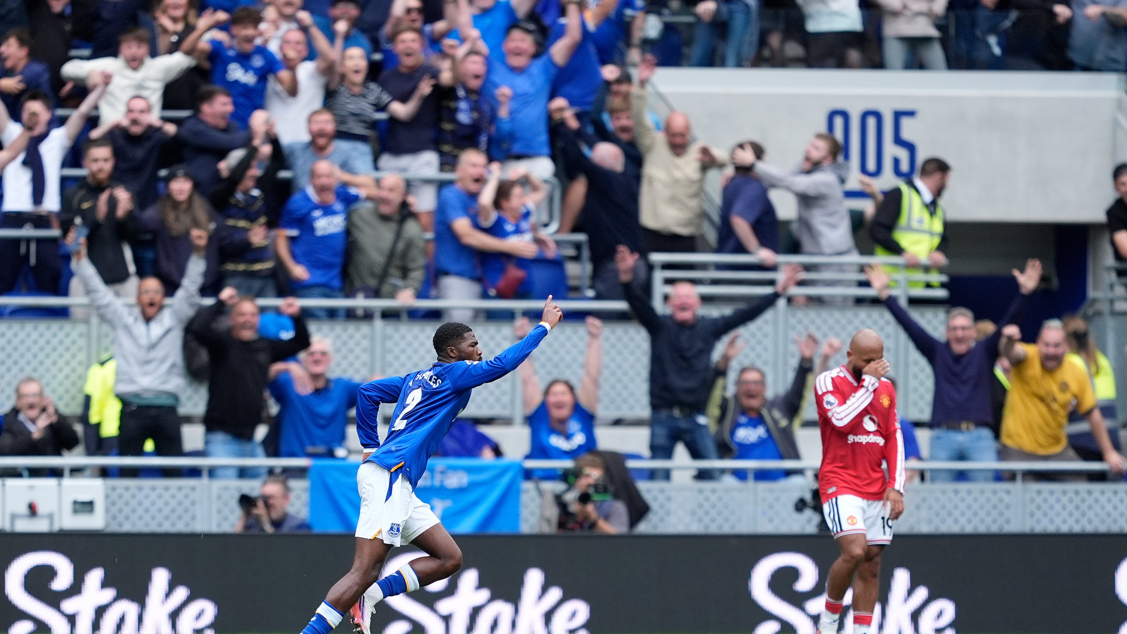 Everton's Ainsley Maitland-Niles celebrates scoring their side's second goal of the game during the English Premier League soccer match between Everton and Manchester United in Liverpool, England, Sunday, Sept. 6, 2026. (Peter Byrne/PA via AP)