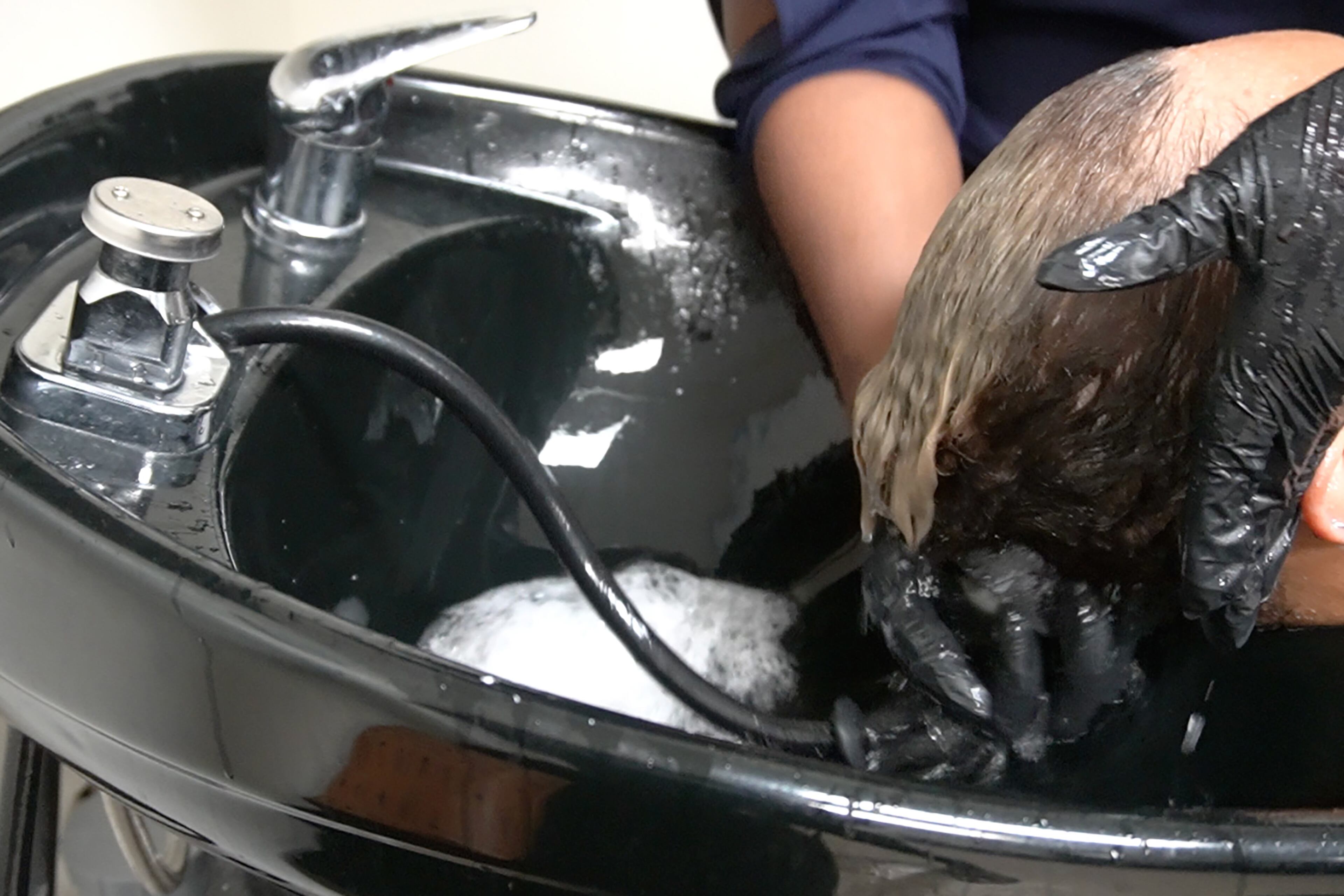 A beautician washes a relaxer out of a client’s hair at a salon in Atlanta. (Kara Nelson/KFF Health News)