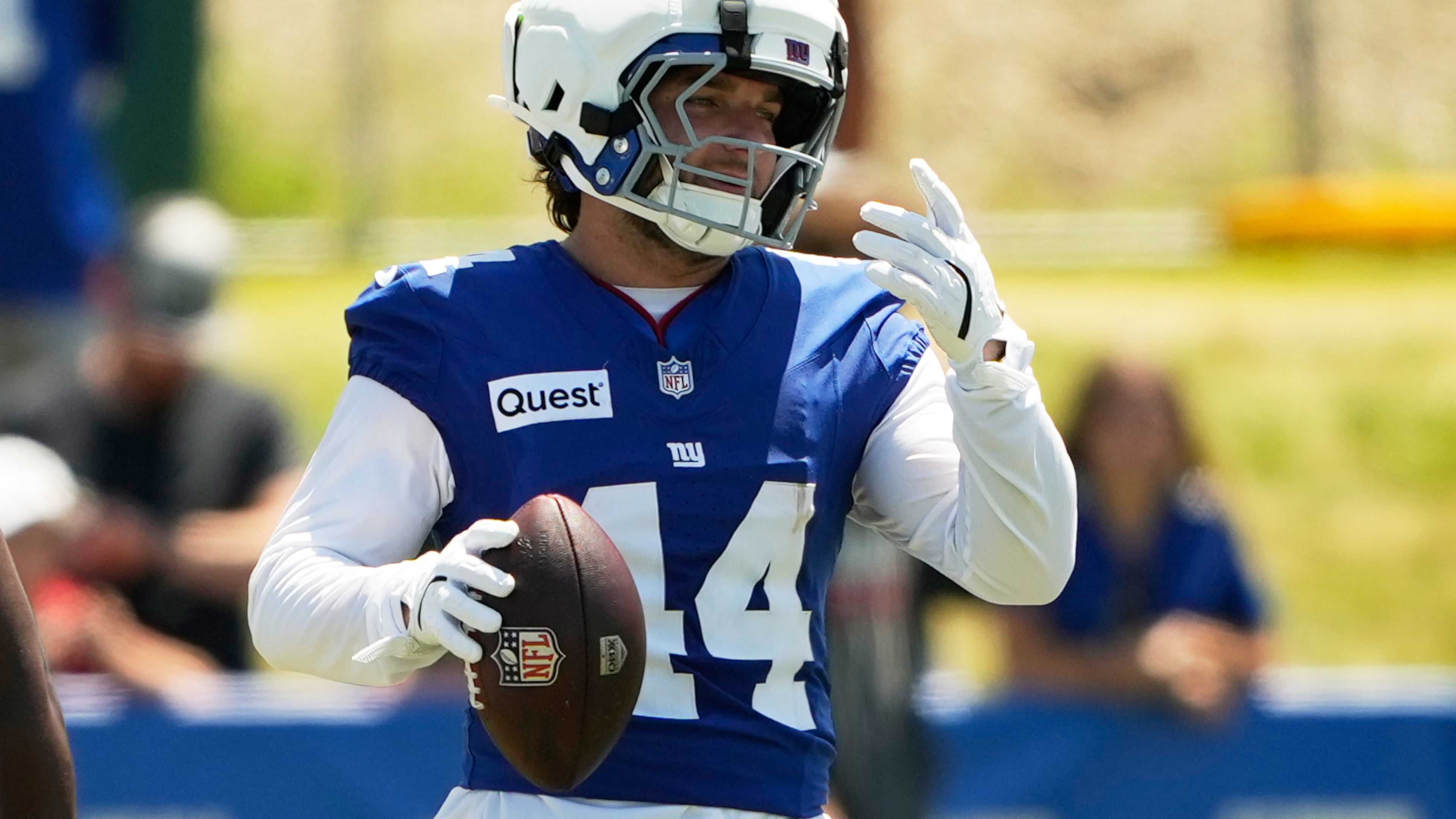 New York Giants running back Cam Skattebo practices during an NFL football training camp, Friday, July 31, 2026, in White Sulphur Springs, W.Va. (AP Photo/Chris Carlson)