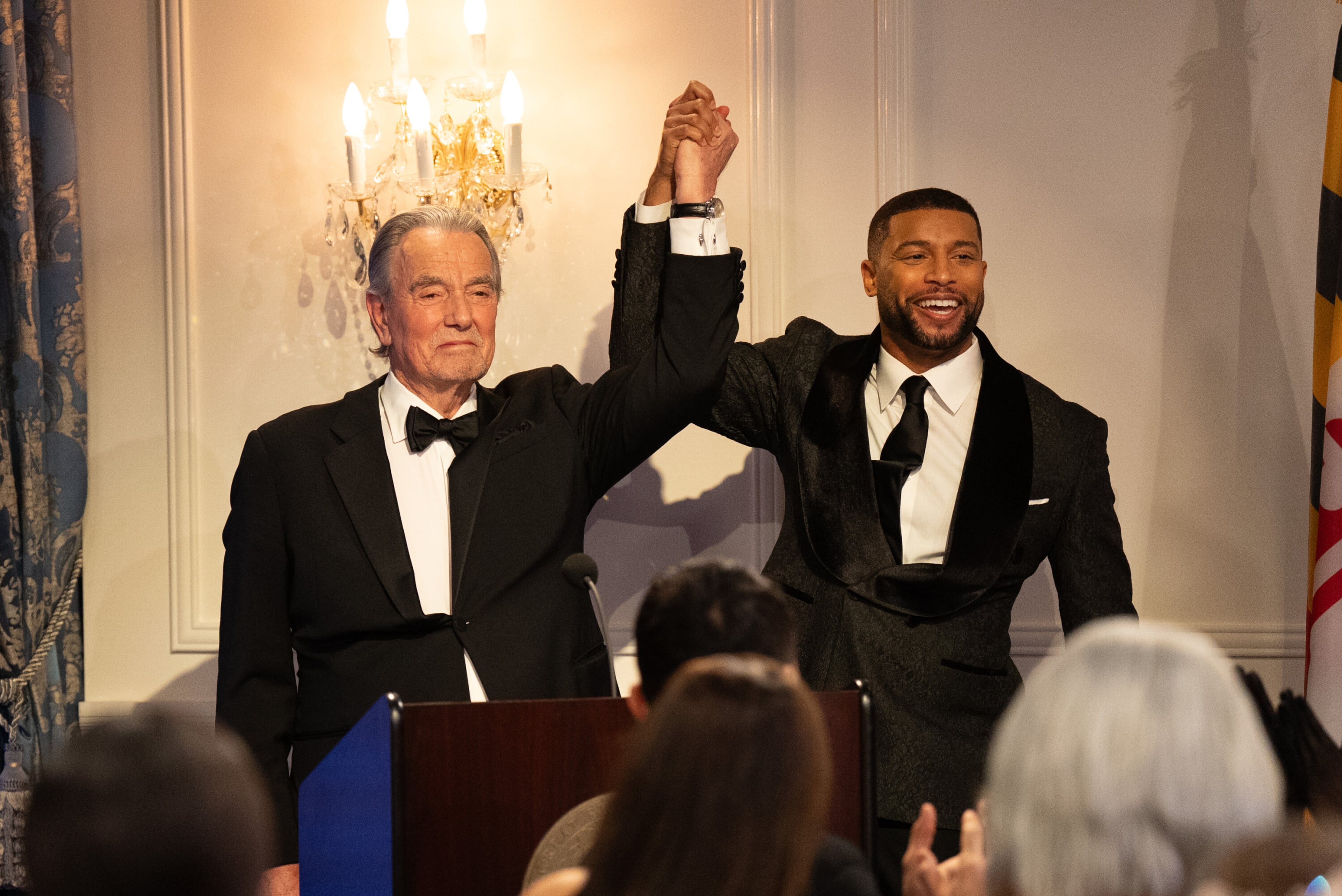 In a crossover episode featuring actors from "The Young and the Restless," Eric Braeden (left) as Victor Newman and Brandon Claybon as Martin Richardson appear in the June 10, 2026, episode of "Beyond the Gates." (Courtesy of Quantrell Colbert/CBS)