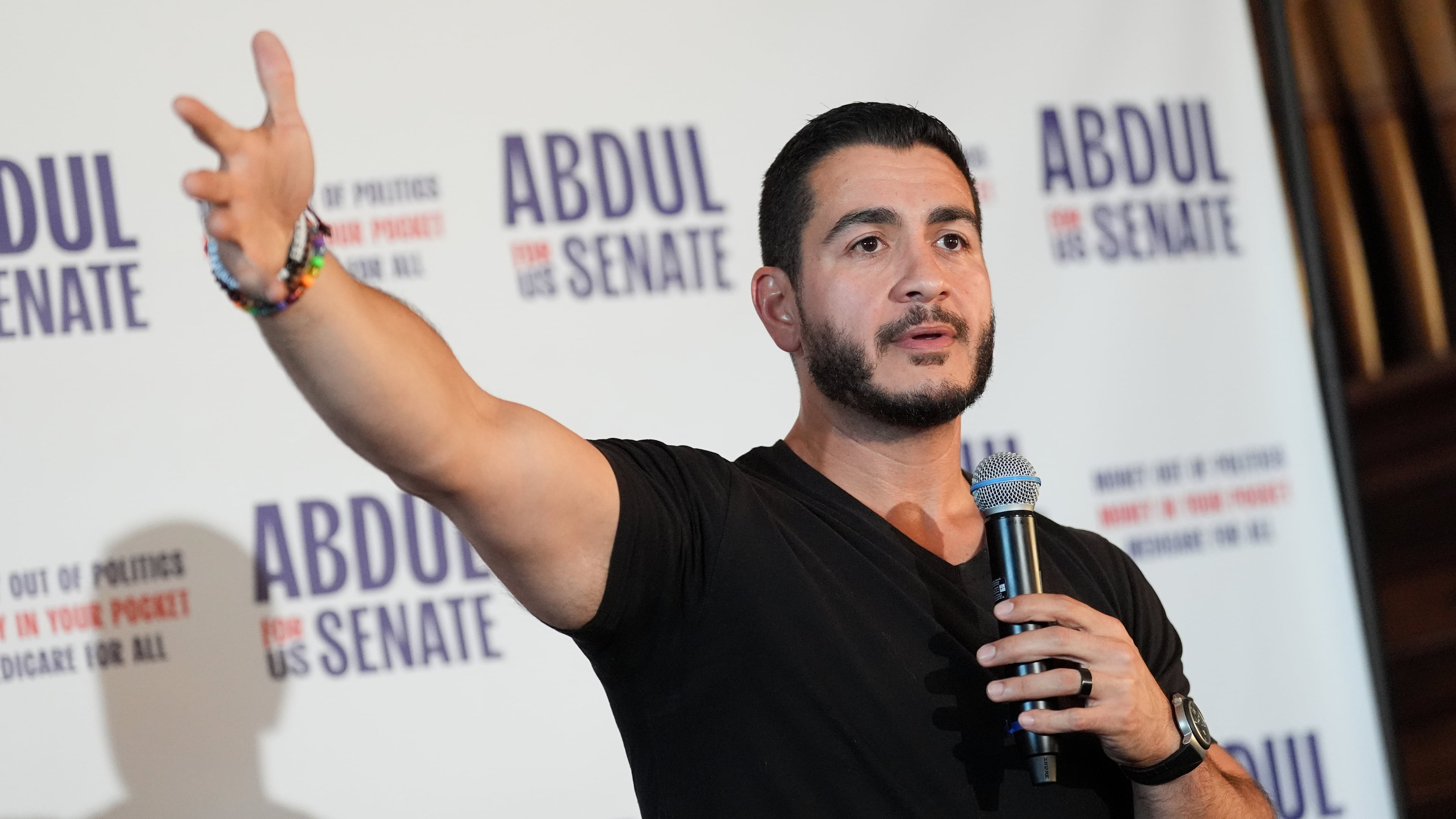 FILE - Abdul El-Sayed, a progressive candidate in the Democratic primary for U.S. Senate in Michigan, speaks during a campaign rally at a coffee shop, Aug. 3, 2026, in Detroit. (AP Photo/Julia Demaree Nikhinson, File)