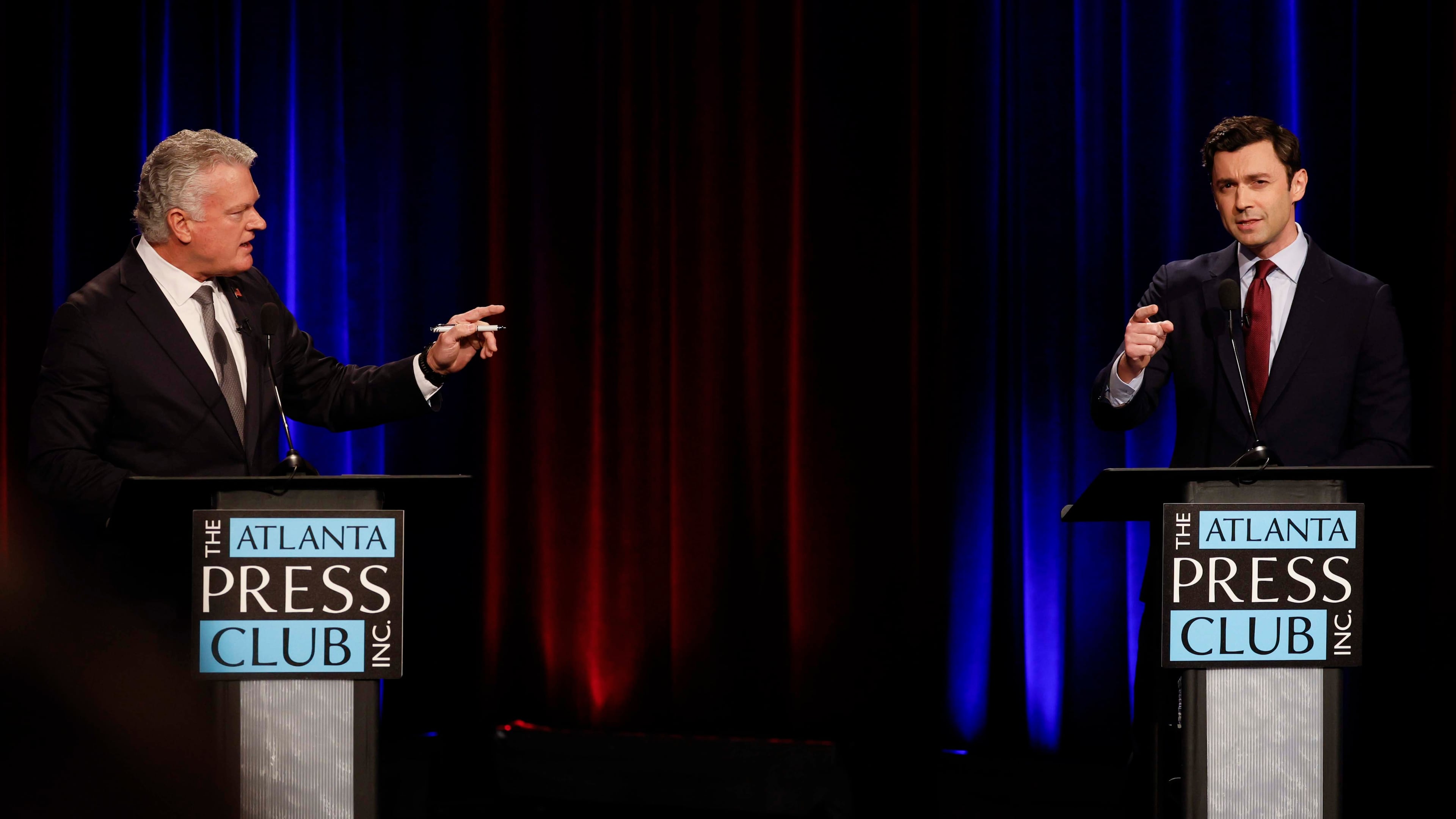 Republican U.S. Rep. Mike Collins debates incumbent Democratic U.S. Sen. Jon Ossoff during the Loudermilk-Young Senate Debate Series at the Georgia Public Broadcasting studio in Atlanta on Tuesday, October 13, 2026. (Miguel Martinez/AJC)
