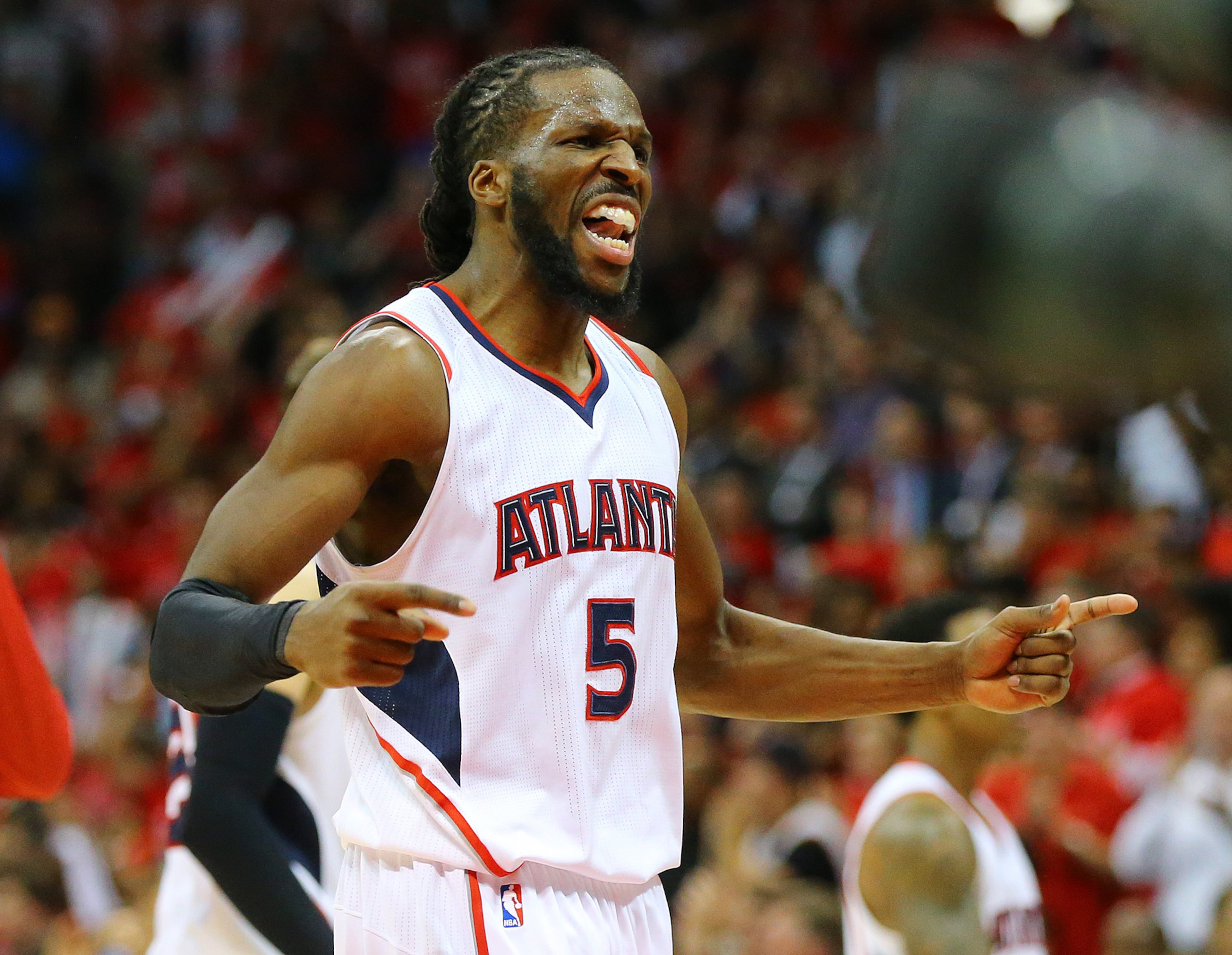 042915 ATLANTA: Hawks forward DeMarre Carroll reacts to scoring against the Nets during the second half in a 107-97 victory over the Nets in their first round, game five basketball game on Wednesday, April 29, 2015, in Atlanta. Curtis Compton / ccompton@ajc.com