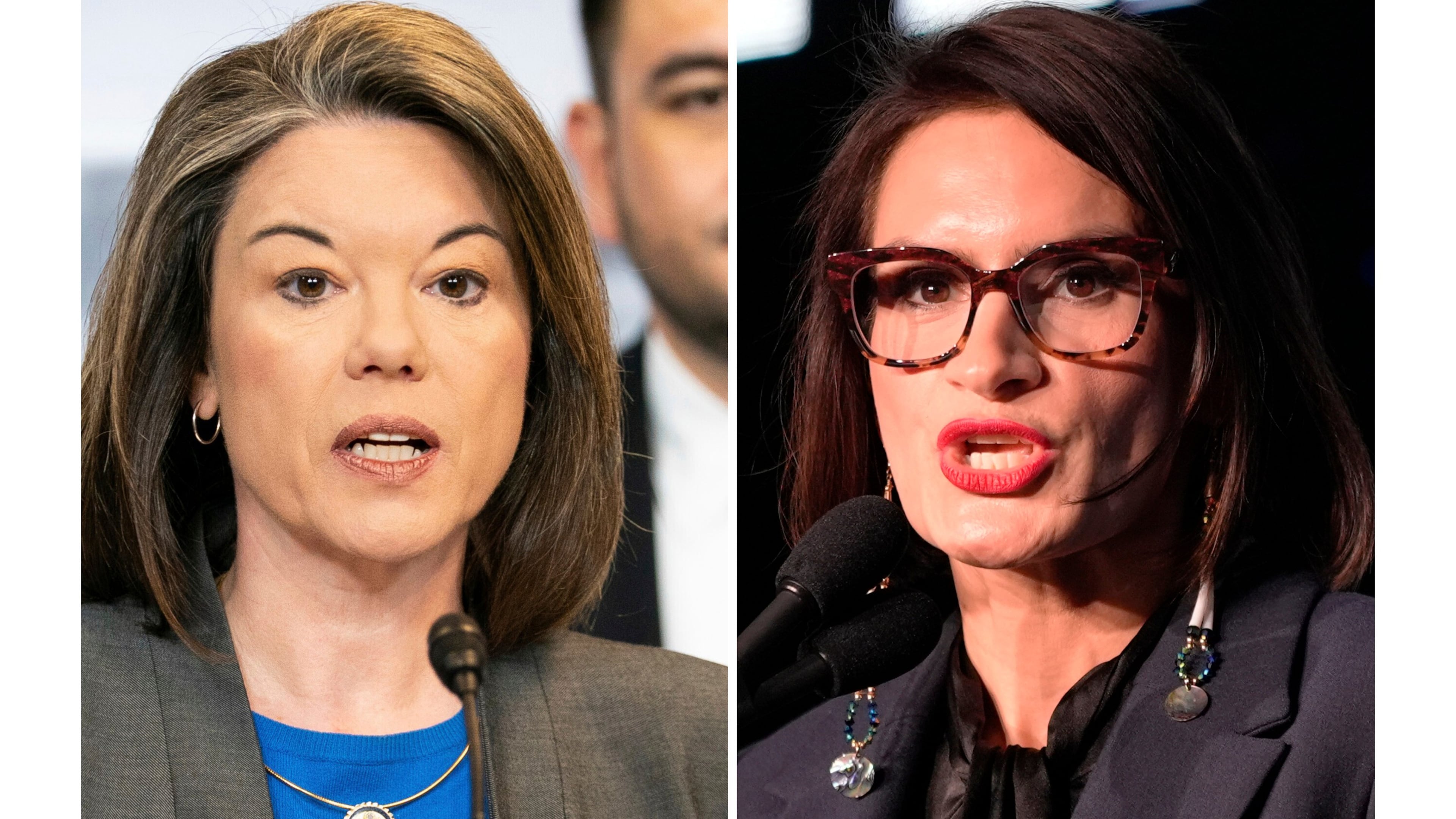 FILE - This photo combination shows Rep. Angie Craig, D-Minn., left, Jan. 15, 2026, in Washington and Minnesota Lt. Gov. Peggy Flanagan, Nov. 5, 2024, in St. Paul, Minn. (AP Photo/Allison Robbert, Abbie Parr, file)