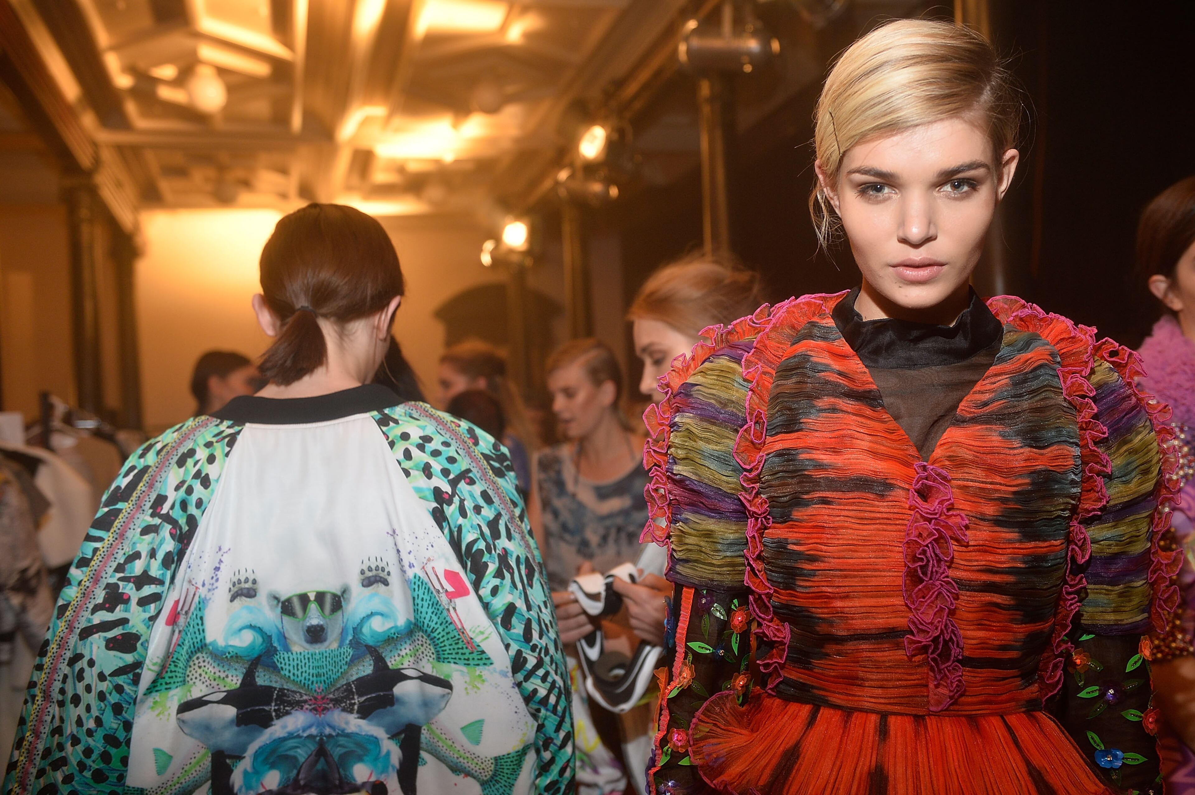 A model prepares backstage ahead of the MBFWA Trends show during the Mercedes-Benz Fashion Festival Sydney 2013 at Sydney Town Hall on Aug. 24, 2013, in Sydney, Australia.