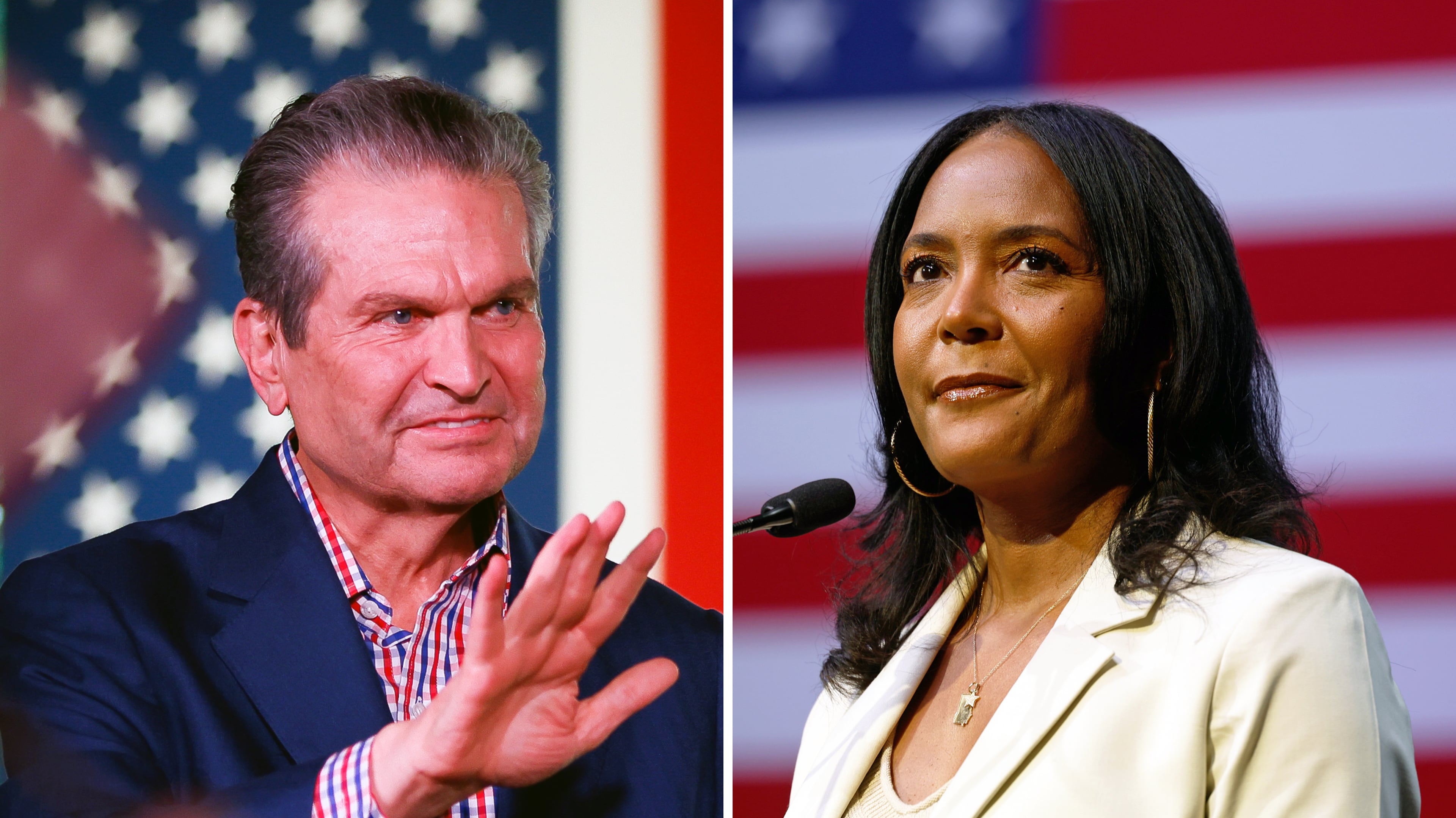 (From left) Republican gubernatorial candidate Rick Jackson at a rally in Columbus on Aug. 13, 2026; Democratic gubernatorial candidate Keisha Lance Bottoms at a rally in Atlanta on May 31, 2026. (Abbey Cutrer for the AJC; Arvin Temkar/AJC)