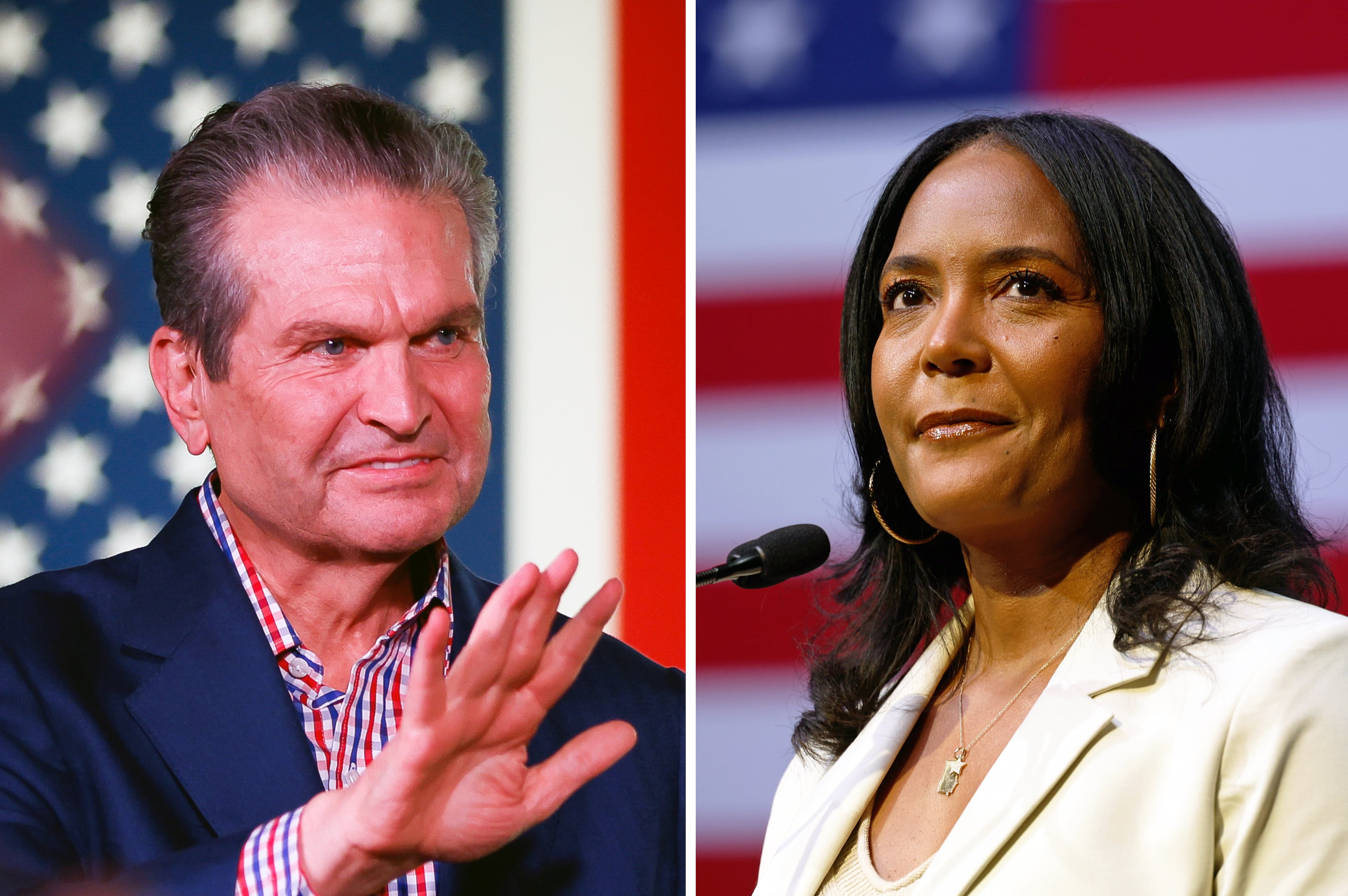 (From left) Republican gubernatorial candidate Rick Jackson at a rally in Columbus on Aug. 13, 2026; Democratic gubernatorial candidate Keisha Lance Bottoms at a rally in Atlanta on May 31, 2026. (Abbey Cutrer for the AJC; Arvin Temkar/AJC)