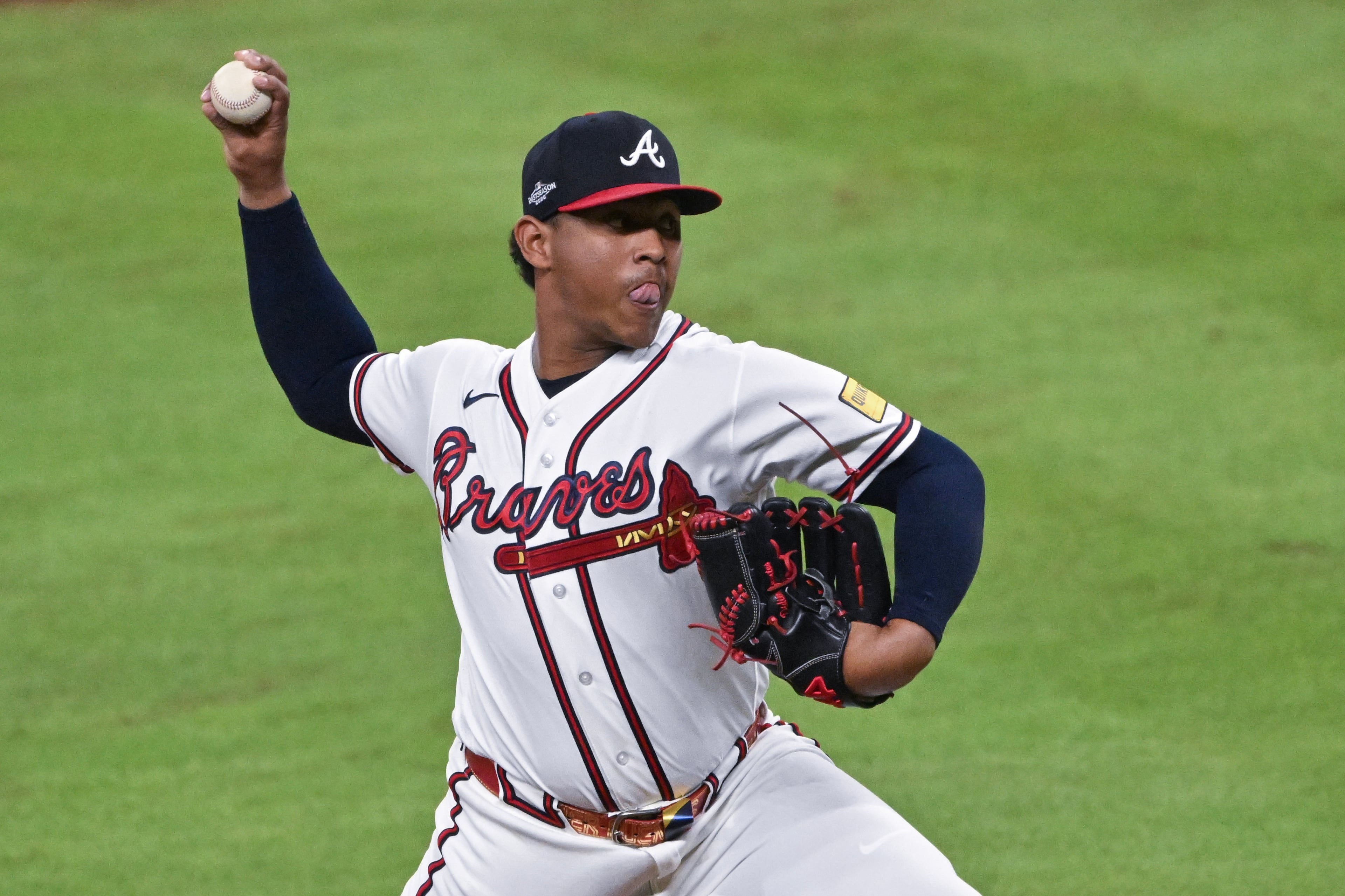 Atlanta Braves pitcher Didier Fuentes (72) delivers to a Los Angeles Dodgers batter during the seventh inning of Game 4 of the MLB National League Division Series between the Atlanta Braves and the Los Angeles Dodgers, Wednesday, Oct. 7, 2026, in Atlanta. (Hyosub Shin/AJC)
