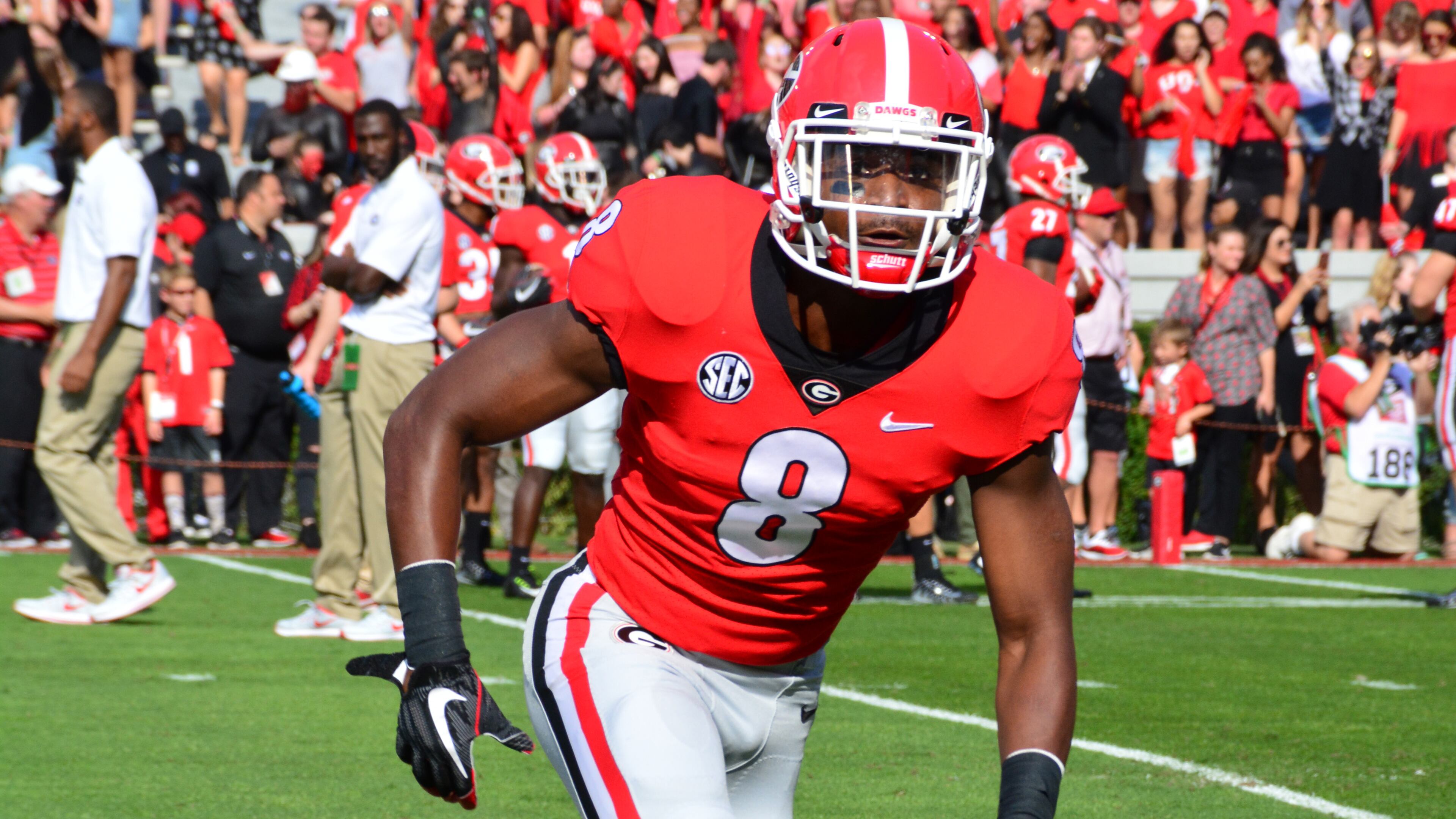 Georgia defensive back Deangelo Gibbs (8) during the Bulldogs' game against South Carolina at Sanford Stadium in Saturday, Nov. 4, 2017, in Athens.