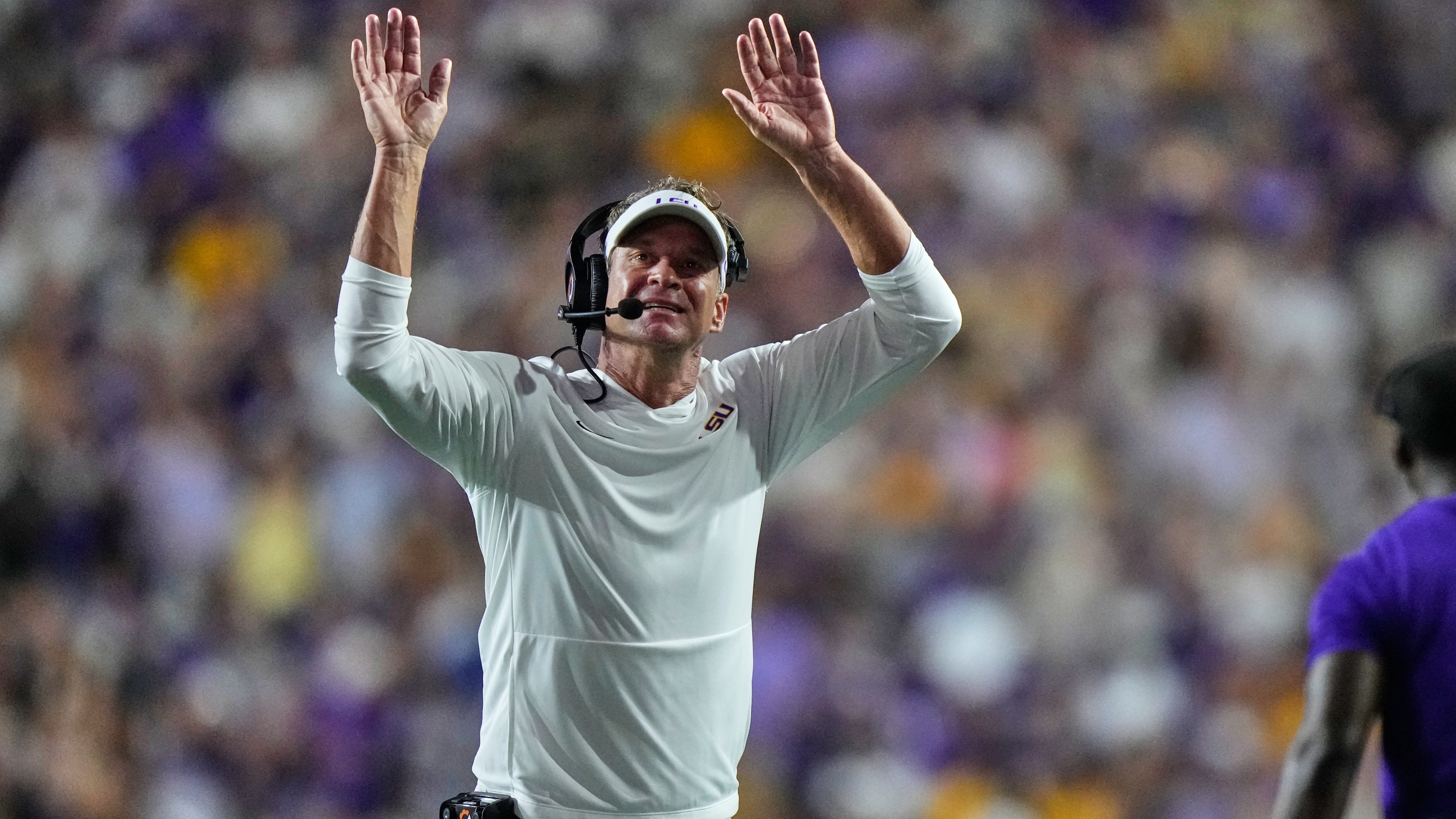 LSU head coach Lane Kiffin reacts in the first half of an NCAA college football game against Clemson, Saturday, Sept. 5, 2026 in Baton Rouge, La. (AP Photo/Gerald Herbert)