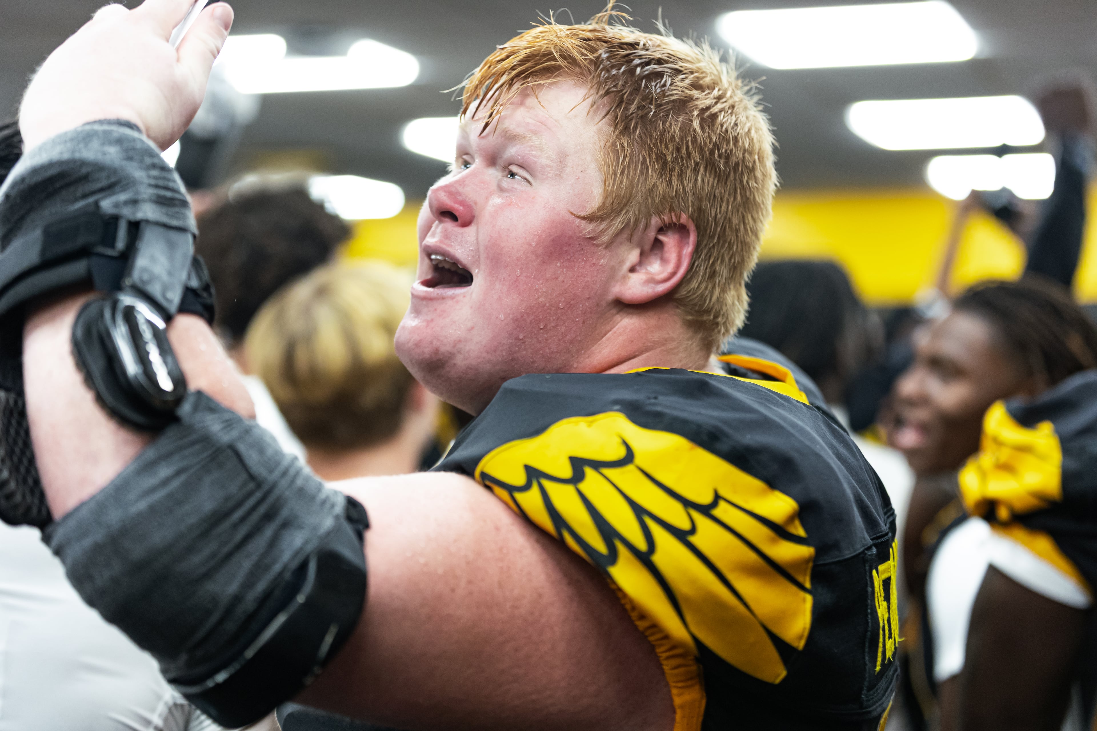 J.T. Pennington celebrates after Kennesaw State's win over Arkansas State on Sept. 20, 2025. The right guard was named Conference USA Lineman of the Week for his efforts. (Courtesy of Kennesaw State Athletics)