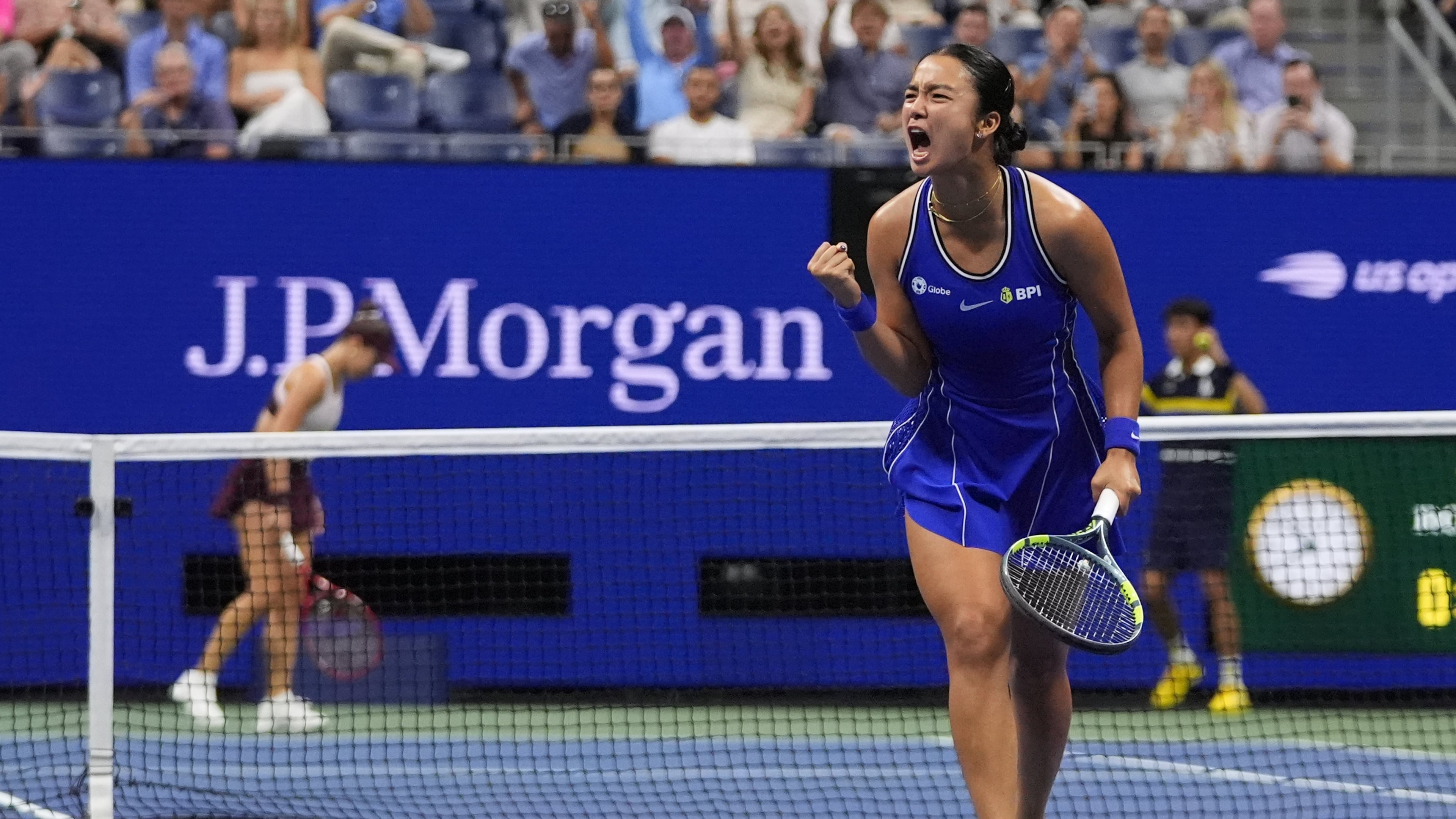 Alexandra Eala, of the Philippines, celebrates after a point against Iva Jovic, of the United States, during the third round of the U.S. Open tennis championships, Saturday, Sept. 5, 2026, in New York. (AP Photo/Frank Franklin II)