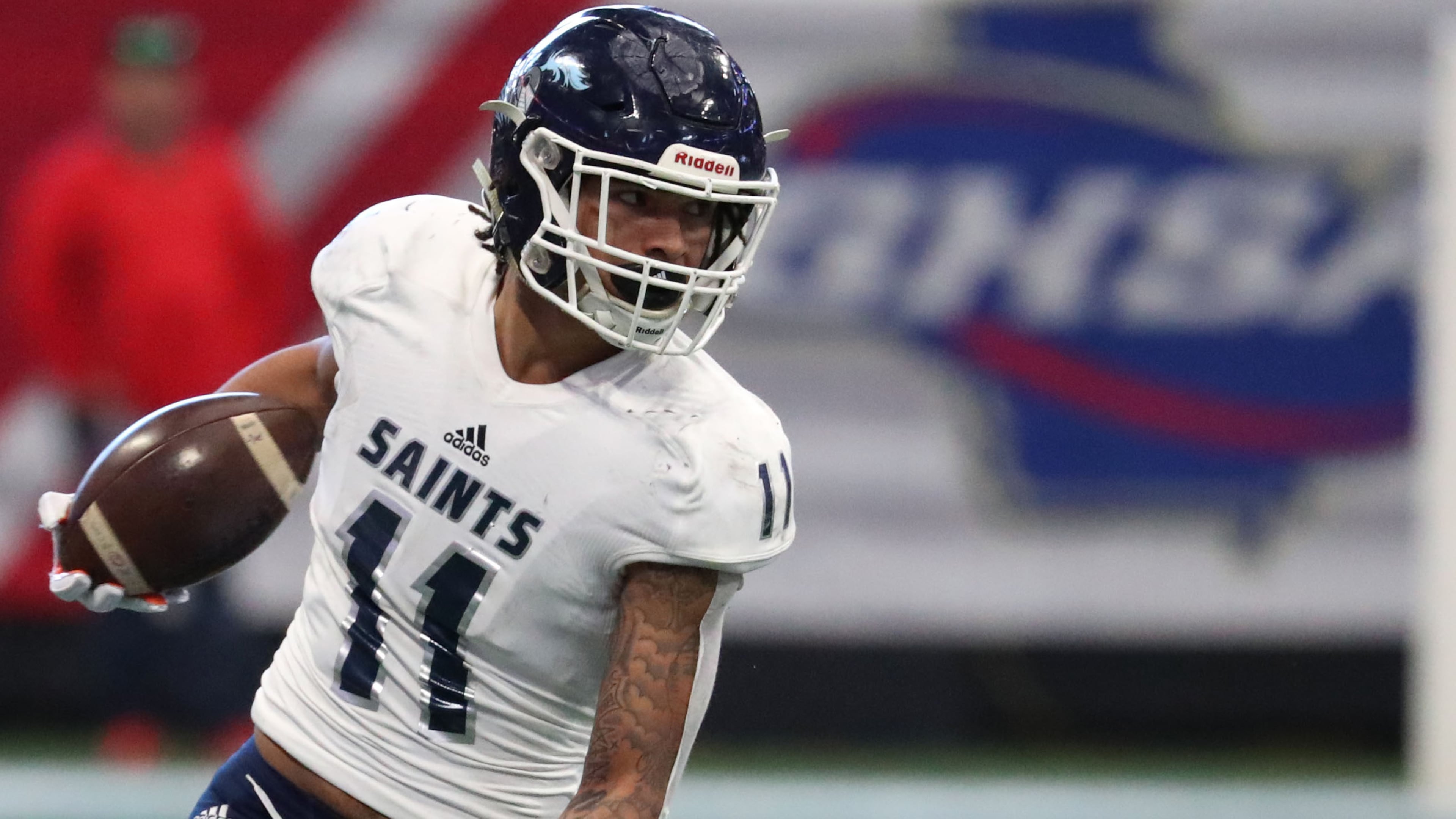 Cedar Grove wide receiver Jadon Haselwood (11) during the state Class AAA championship game Tuesday, Dec. 11, 2018, against Peach County at Mercedes-Benz Stadium.