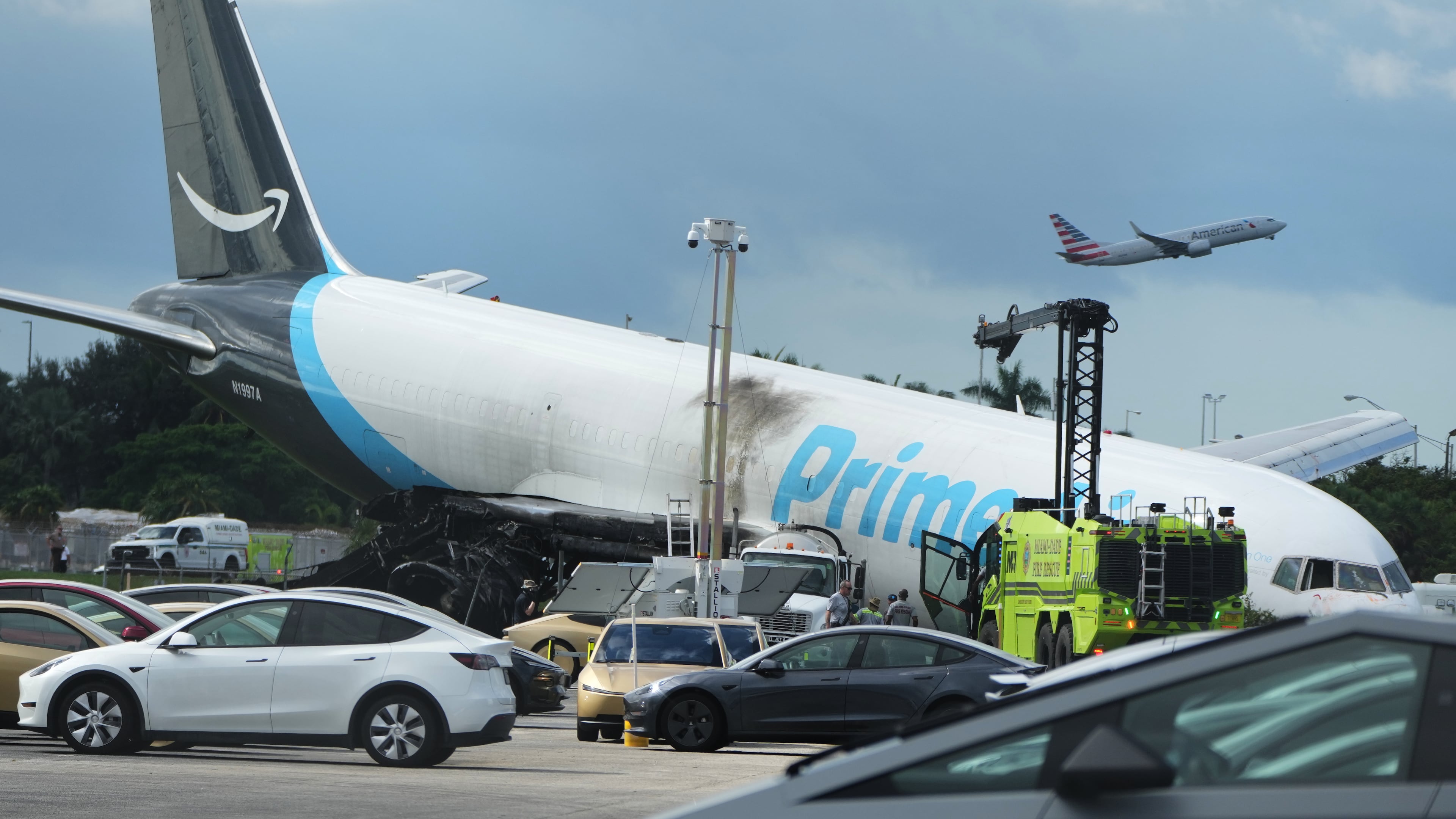 An Amazon cargo plane sits at the Miami International Airport (MIA) Monday, Sept. 7, 2026, after it overshot the runway on Sunday, in Miami. (AP Photo/Lynne Sladky)