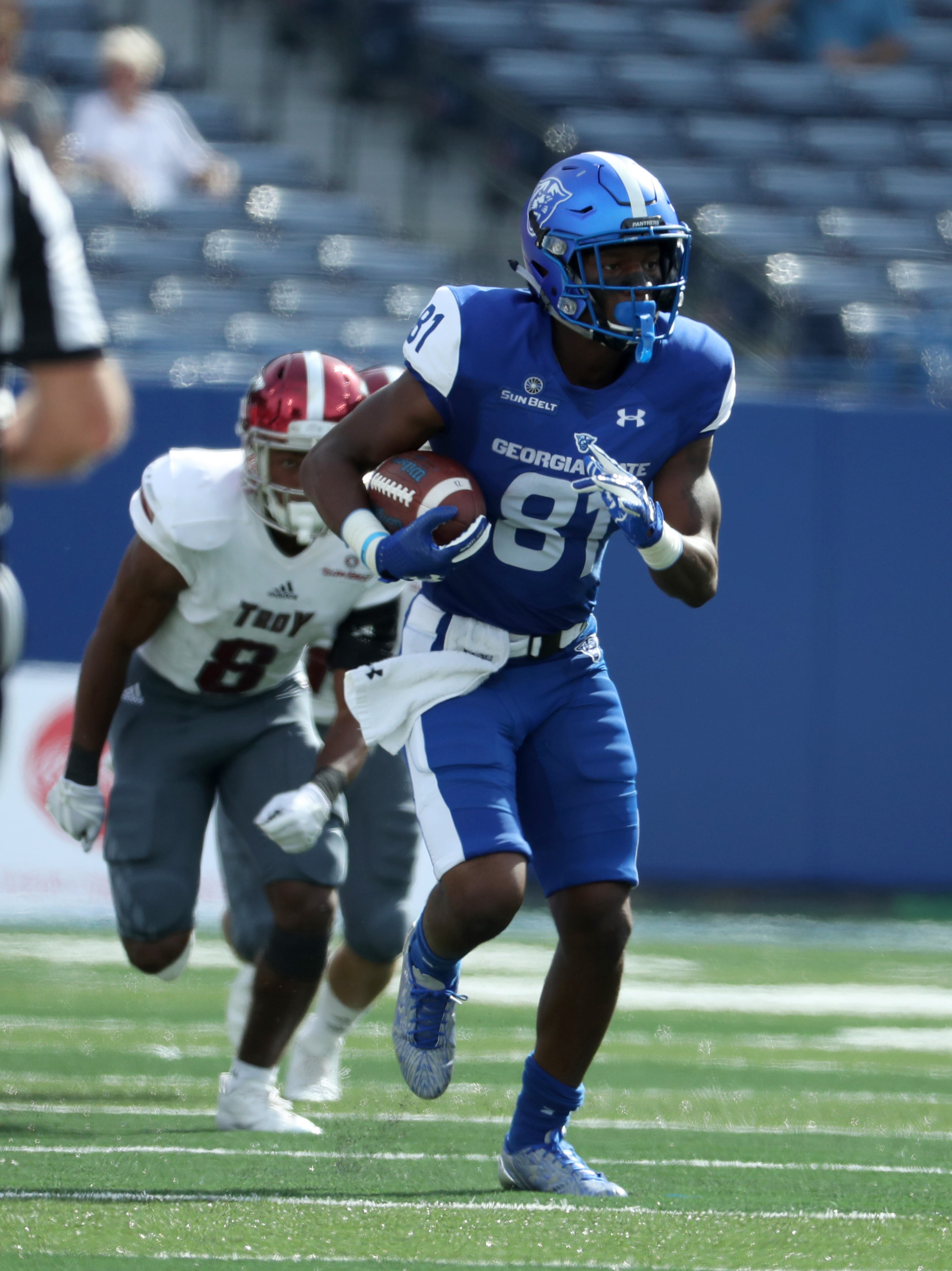 October 21, 2017 - Atlanta, Ga: Georgia State Panthers wide receiver Tamir Jones (81) runs after a catch in the second quarter of their game against the Troy Trojans at GSU Stadium Saturday, October 21, 2017, in Atlanta.. PHOTO / JASON GETZ
