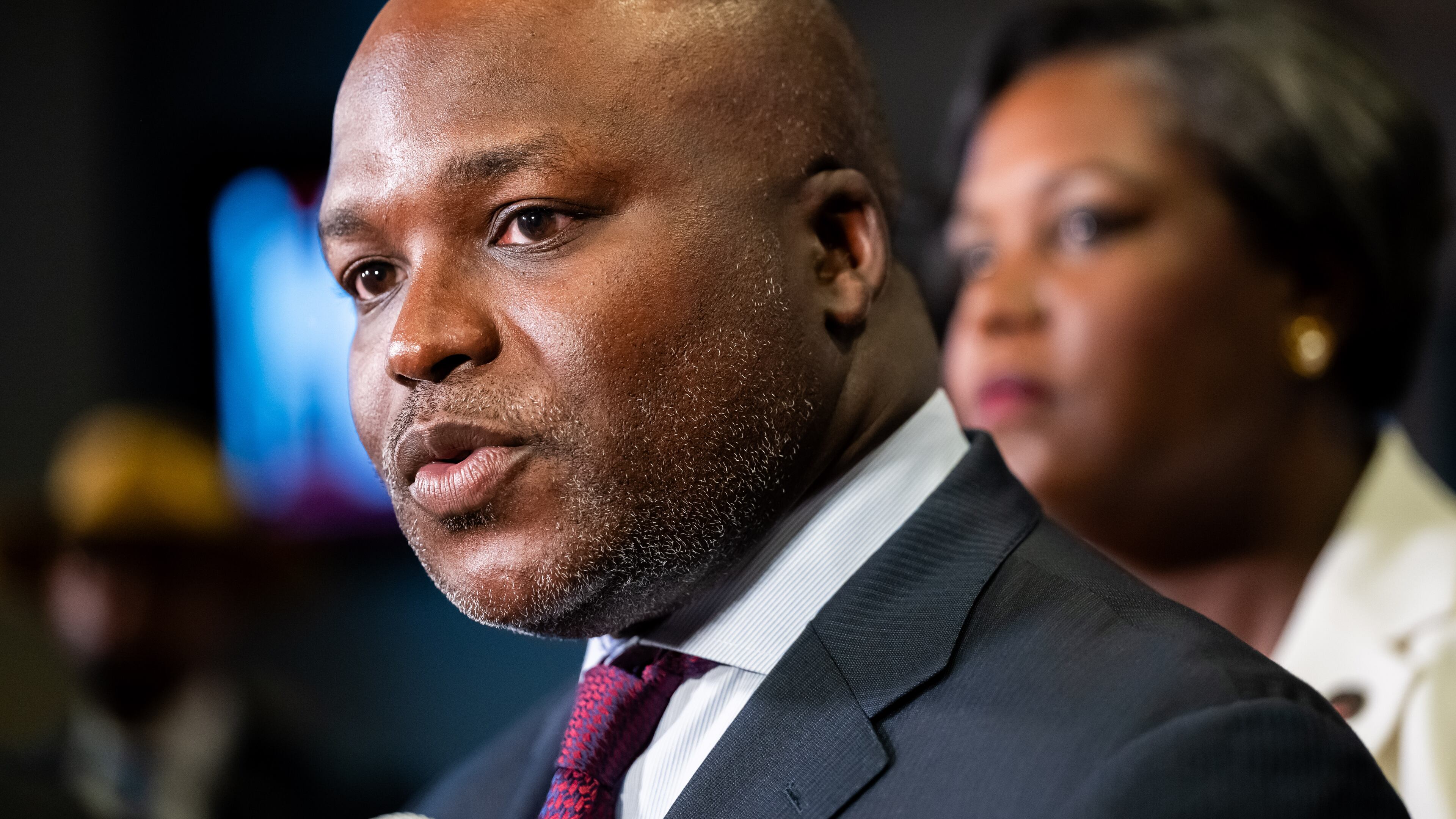 Bryan Johnson, the sole finalist for Atlanta Public Schools superintendent, speaks to the media after being introduced at a press conference at APS headquarters in downtown Atlanta on Tuesday, June 18, 2024. (Bita Honarvar for The Atlanta Journal-Constitution)