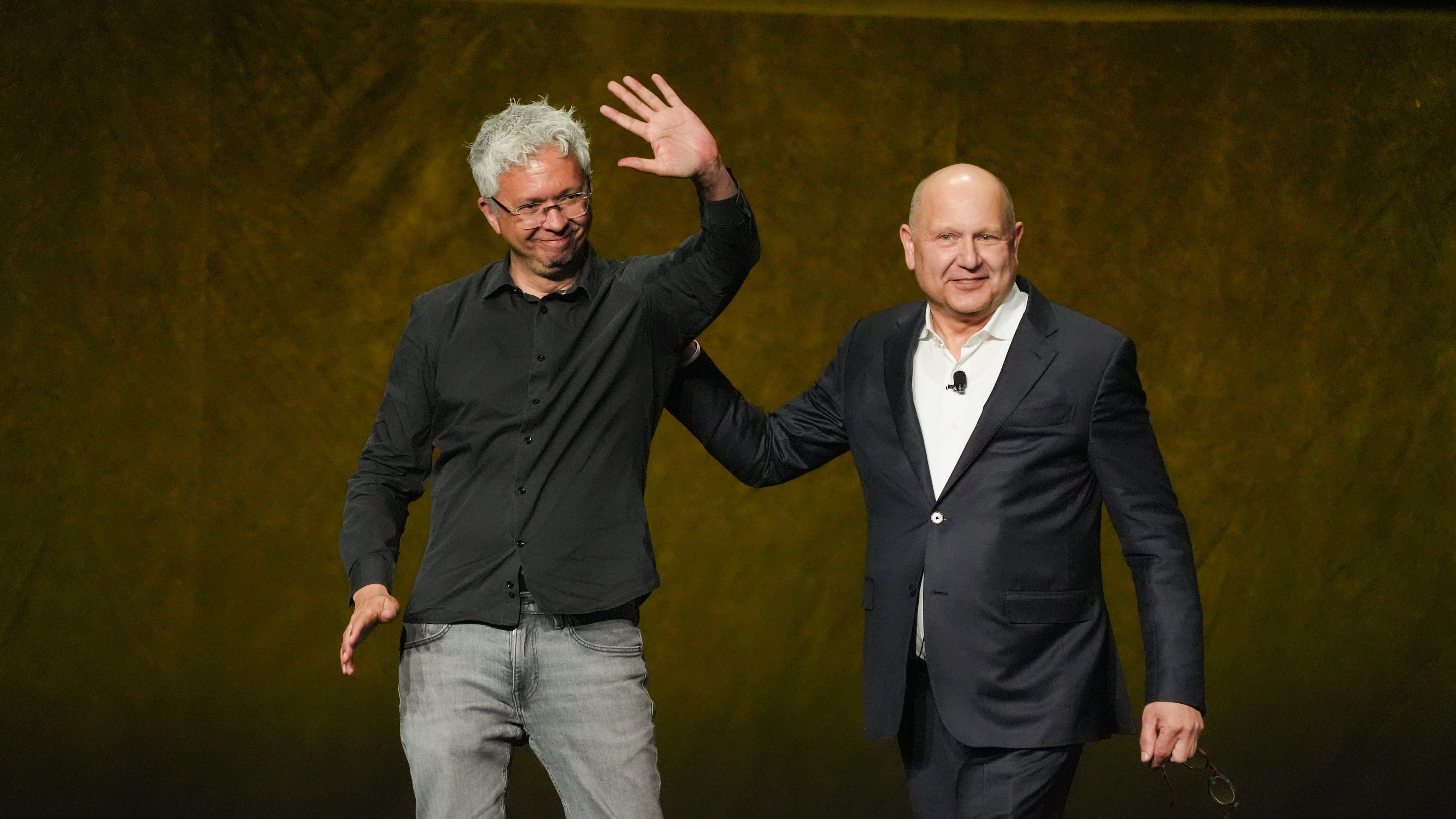 FILE - Pierre Coffin, left, director of "Minions & Monsters," and Chris Meledandri, CEO of Illumination, appear during the Universal Pictures and Focus Features presentation at CinemaCon in Las Vegas on April 15, 2026. (AP Photo/Chris Pizzello, File)