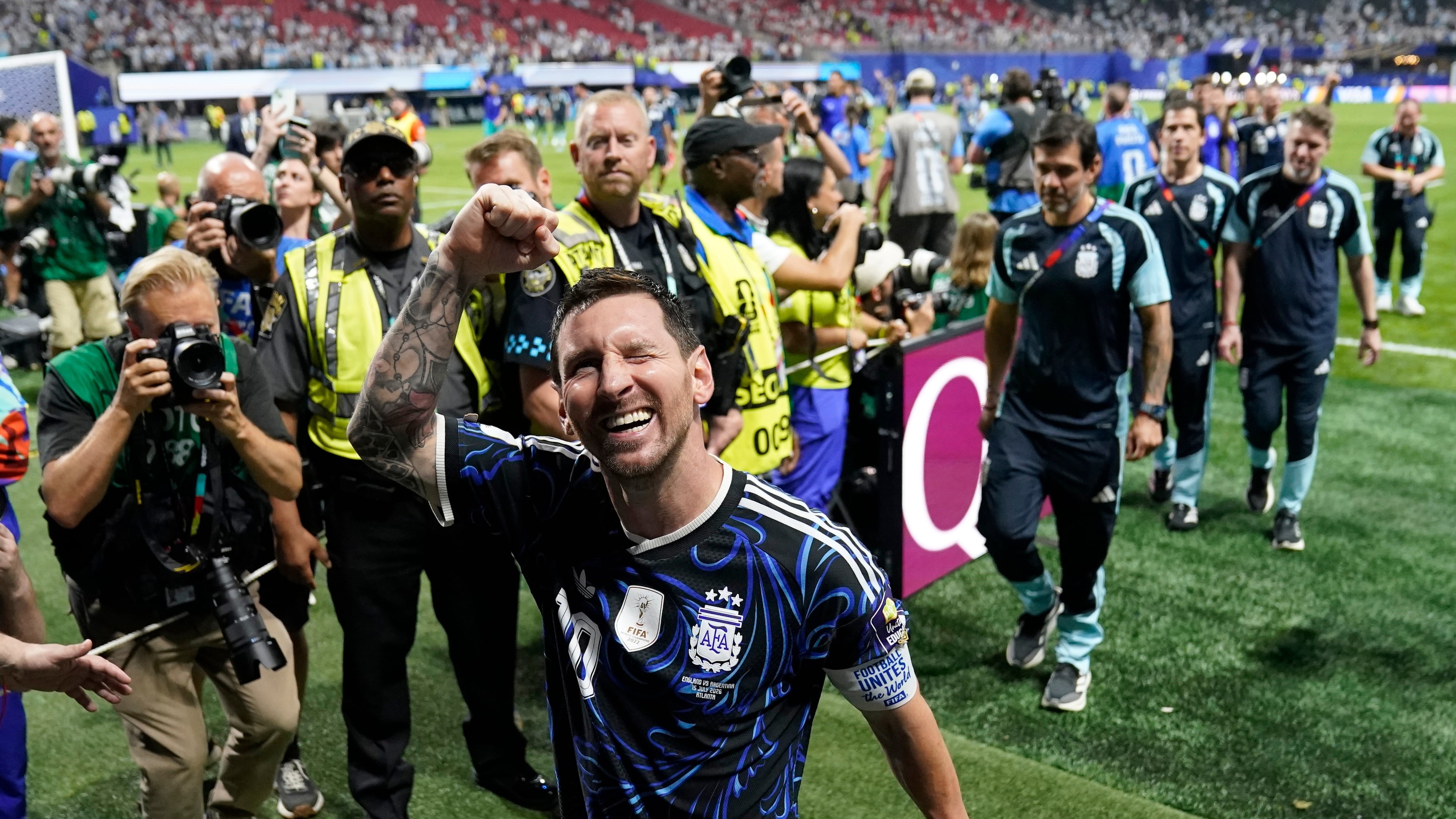 Argentina's Lionel Messi (10) reacts as he leaves the ground after their win in the World Cup semifinal soccer match between England and Argentina in Atlanta, Wednesday, July 15, 2026. (AP Photo/Jacob Kupferman)