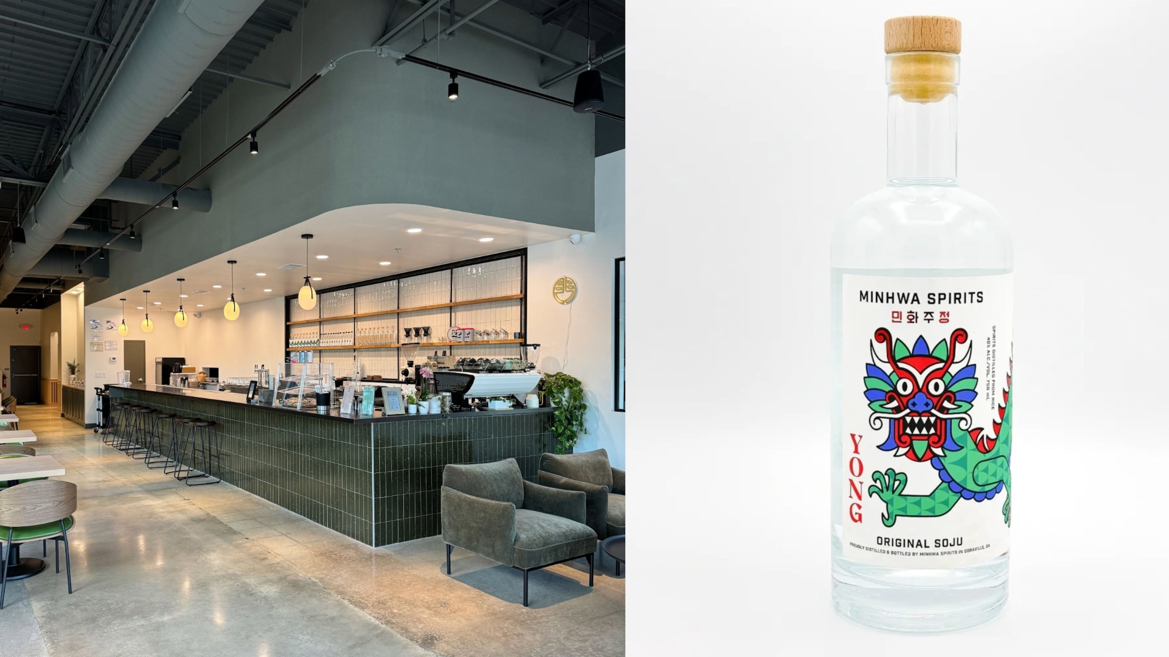 The interior of Minhwa Spirits tasting room in Doraville (left), and the distillery's popular soju, called Yong (right). (Courtesy of Minhwa Spirits.)