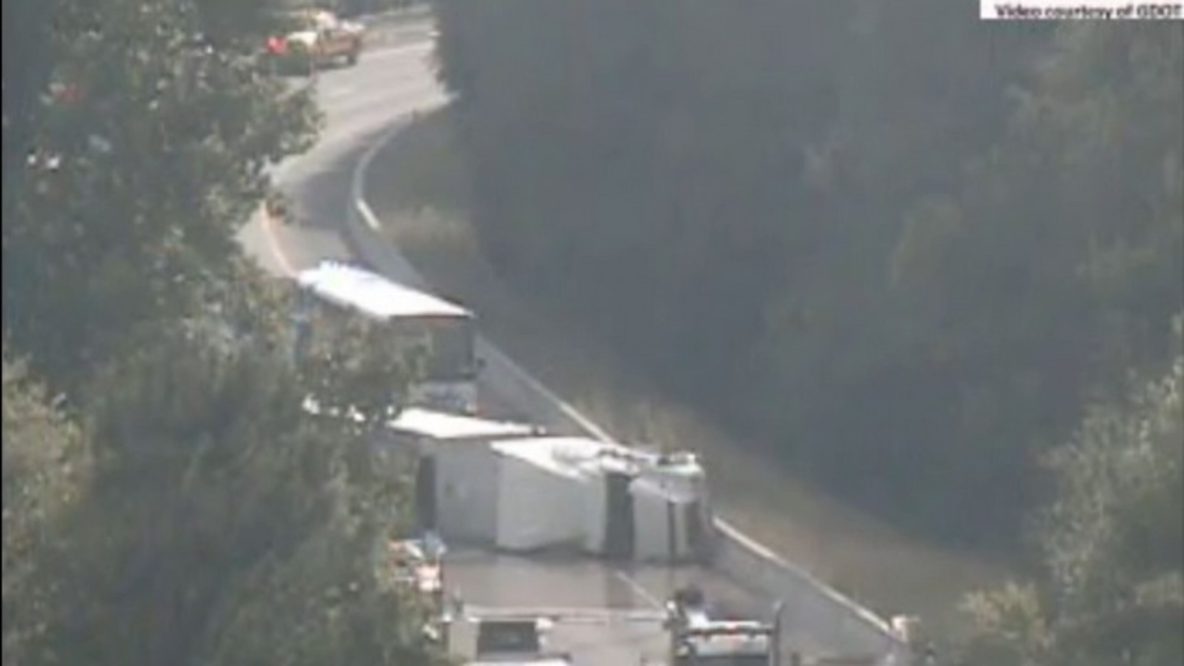 A tractor-trailer carrying about 40,000 pounds of liquid plastic overturned on I-285 southbound at Exit 46, the ramp to I-20 east.