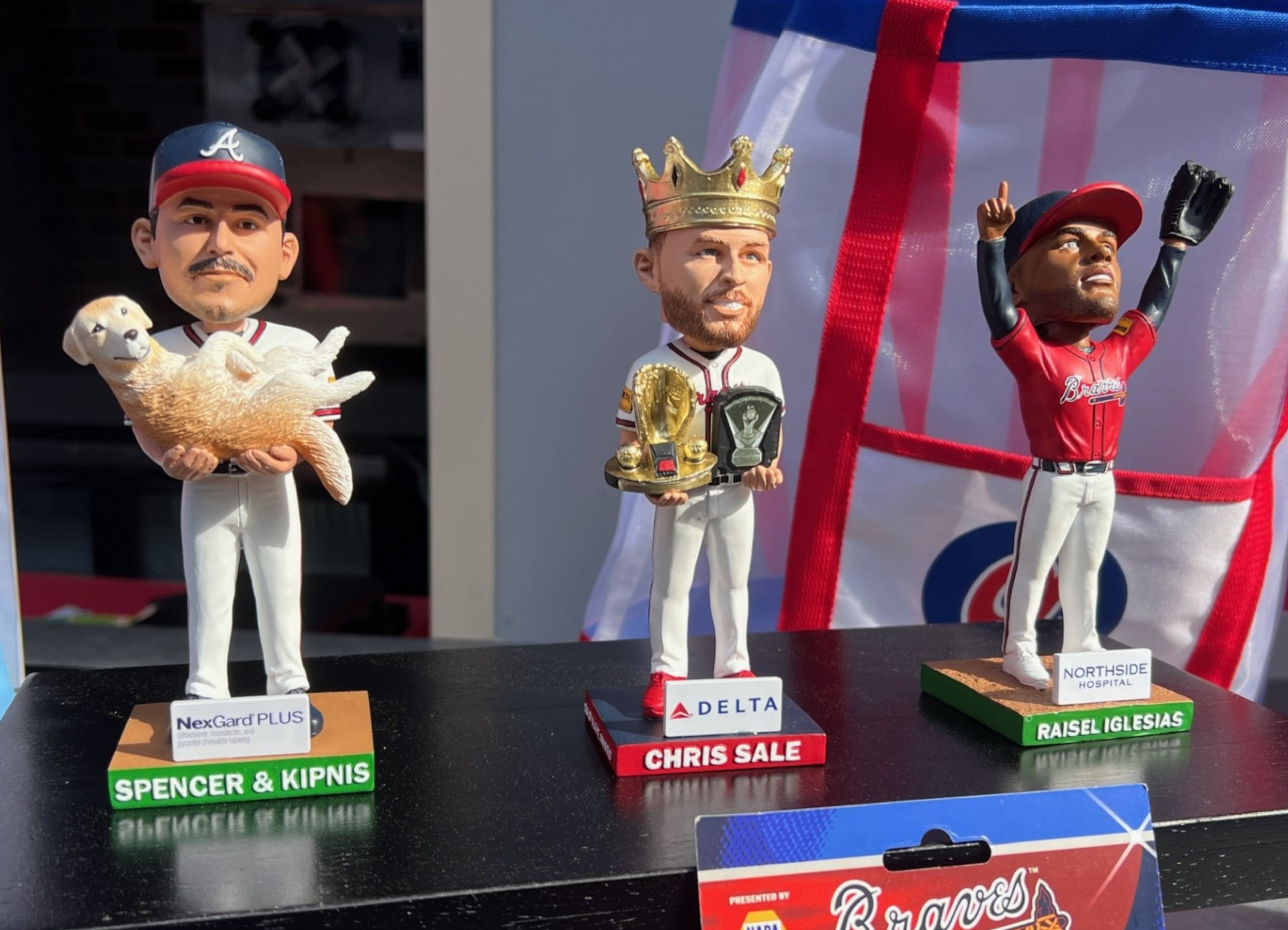 A few of the Braves giveaway bobbleheads for the 2025 season, including Spencer Strider and his dog Kipnis (June 17), Cy Young winner Chris Sale (April 9) and closer Raisel Iglesias (May 8).