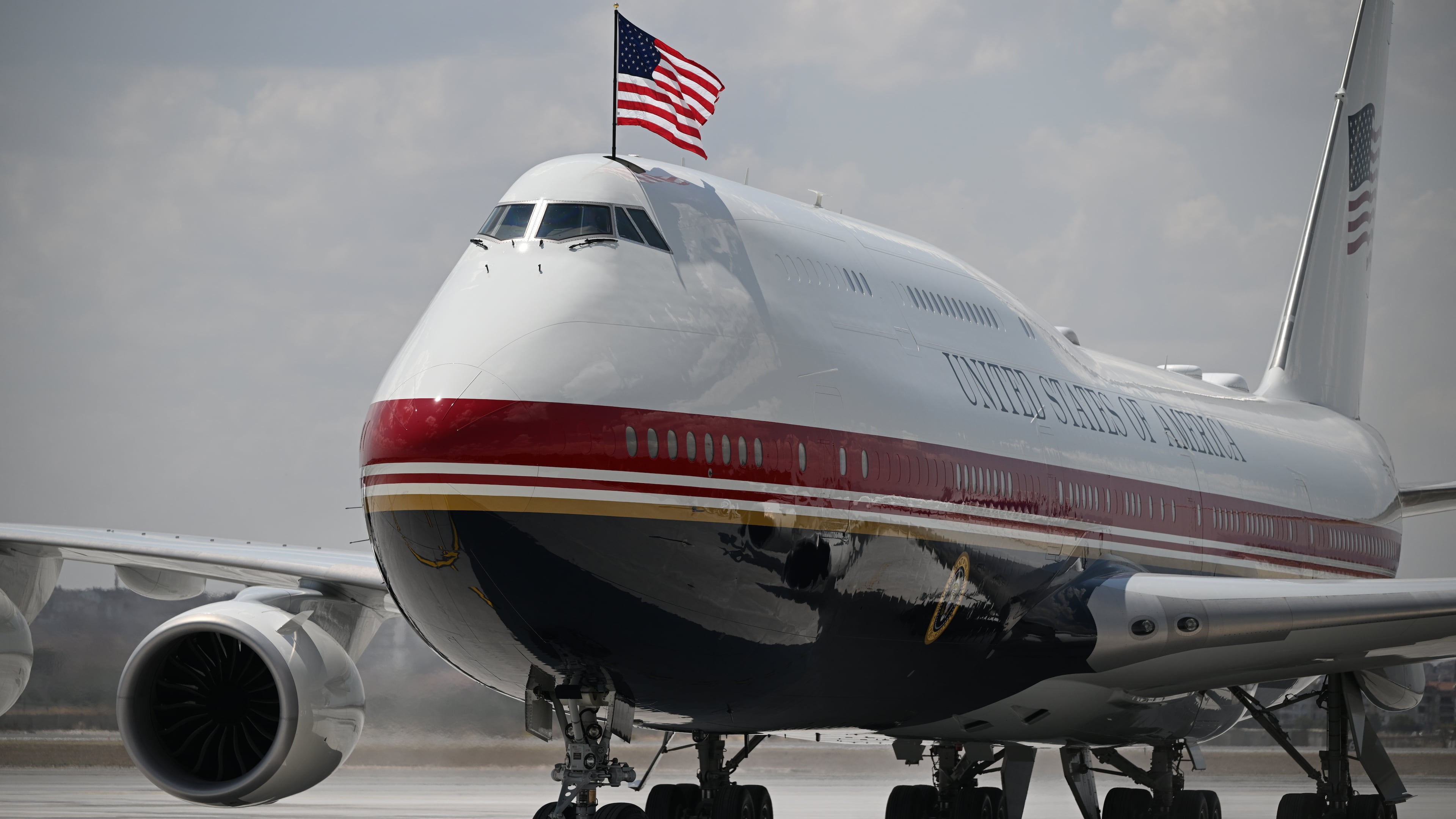Air Force One carrying President Donald Trump arrives for the NATO summit in Ankara, Turkey, Tuesday, July 7, 2026. (Abdullah Güçlü, Pool Photo via AP)