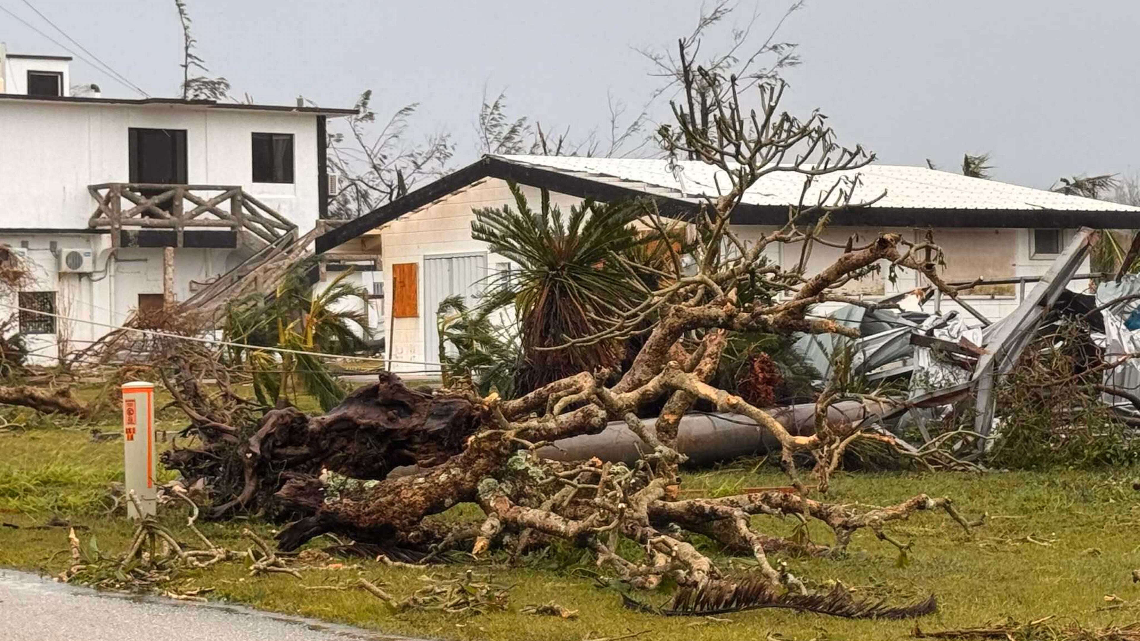 This photo provided by Mathew Masga shows debris caused by a super typhoon, Thursday, April 16, 2026, on Tinian, Northern Mariana Islands. (Mathew Masga via AP)
