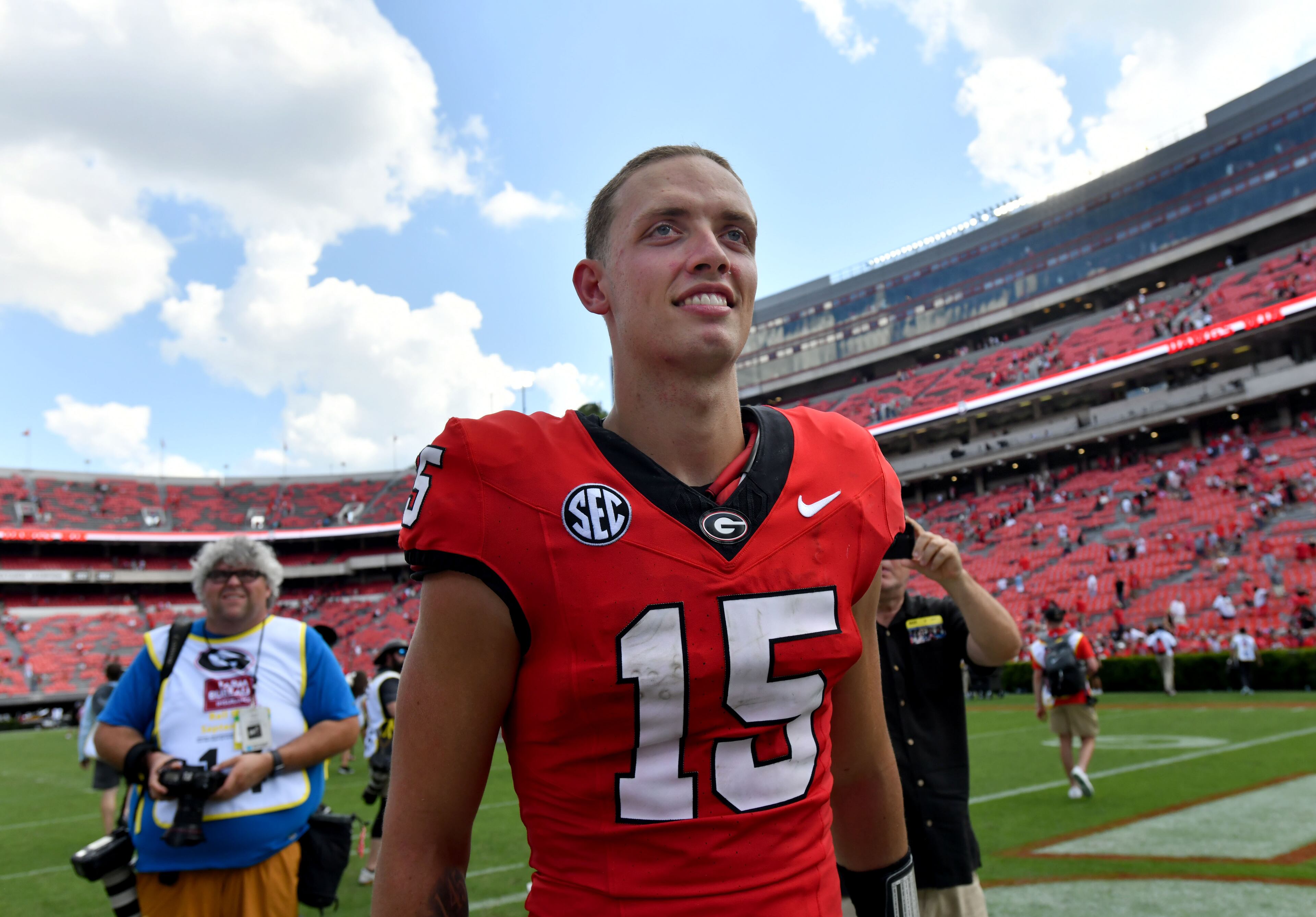 Georgia's quarterback Carson Beck (15) leaves after Georgia beat Ball State in an NCAA football game at Sanford Stadium, Saturday, September 9, 2023, in Athens. (Hyosub Shin / Hyosub.Shin@ajc.com)