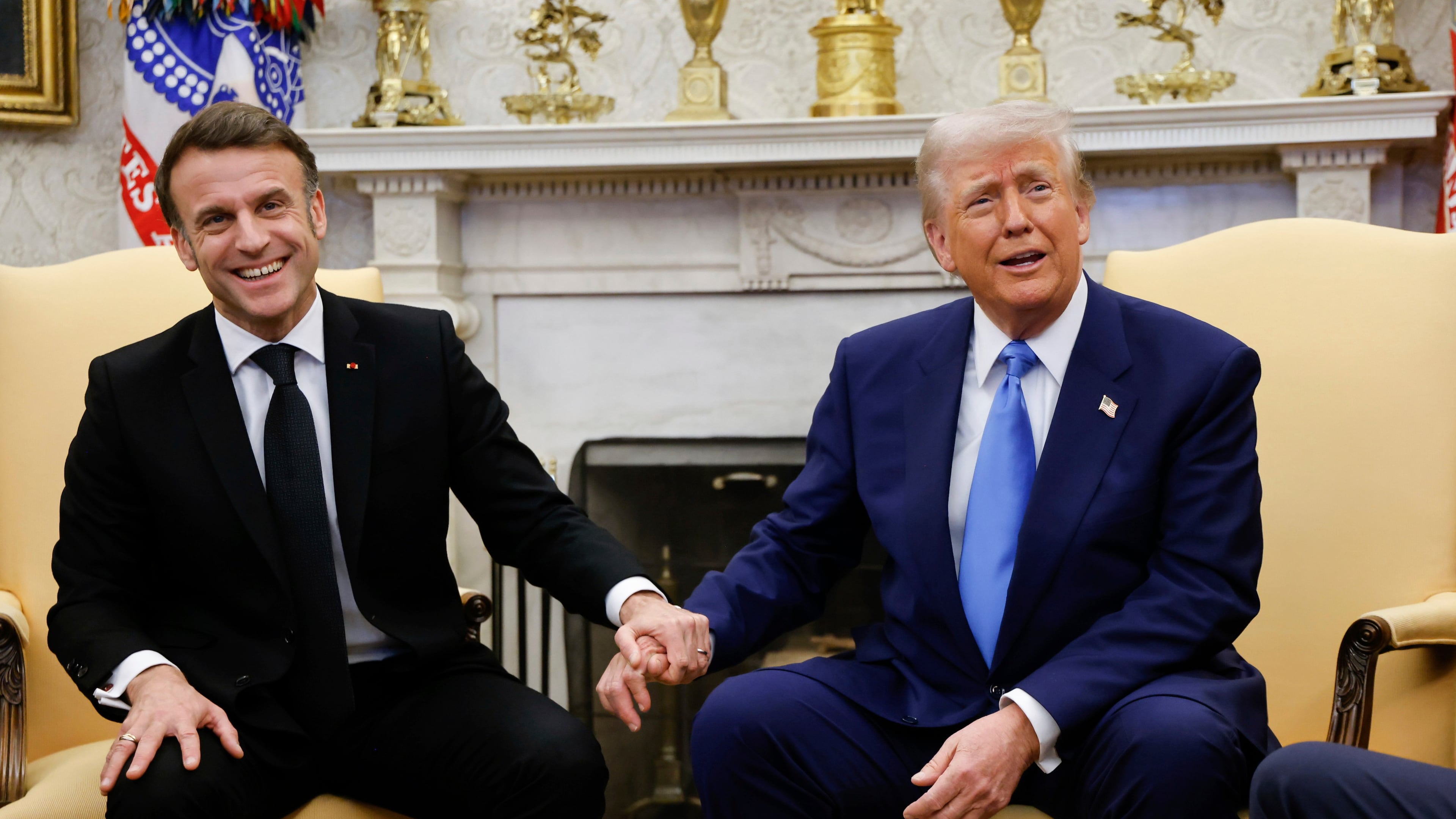 FILE - President Donald Trump, right, meets with France's President Emmanuel Macron in the Oval Office of the White House in Washington, Feb. 24, 2025. (Ludovic Marin/Pool via AP, file)