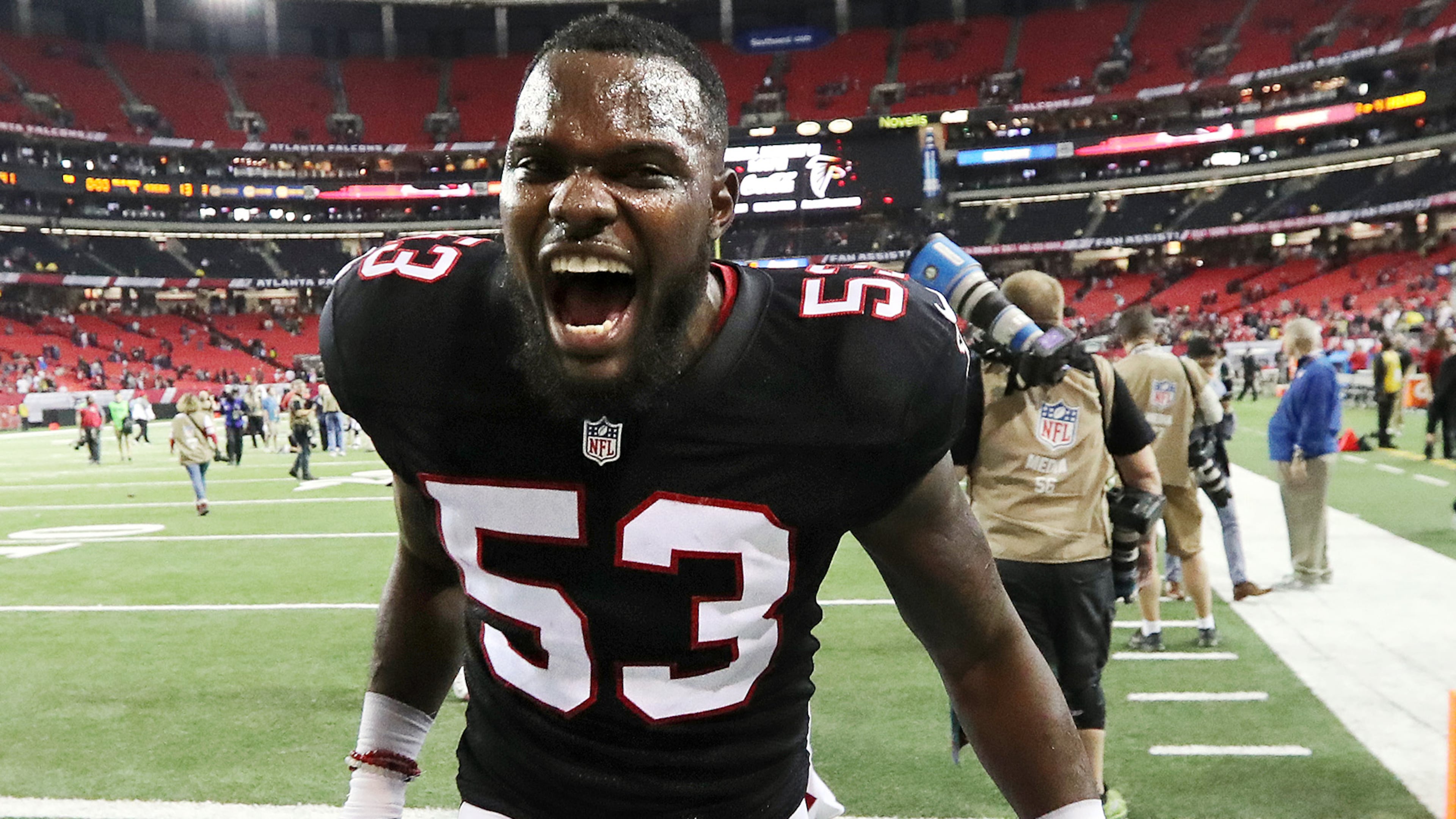 December 18, 2016, ATLANTA: Falcons linebacker LaRoy Reynolds celebrates a 41-13 victory over the 49ers in an NFL football game on Sunday, Dec. 18, 2016, in Atlanta. Curtis Compton/ccompton@ajc.com