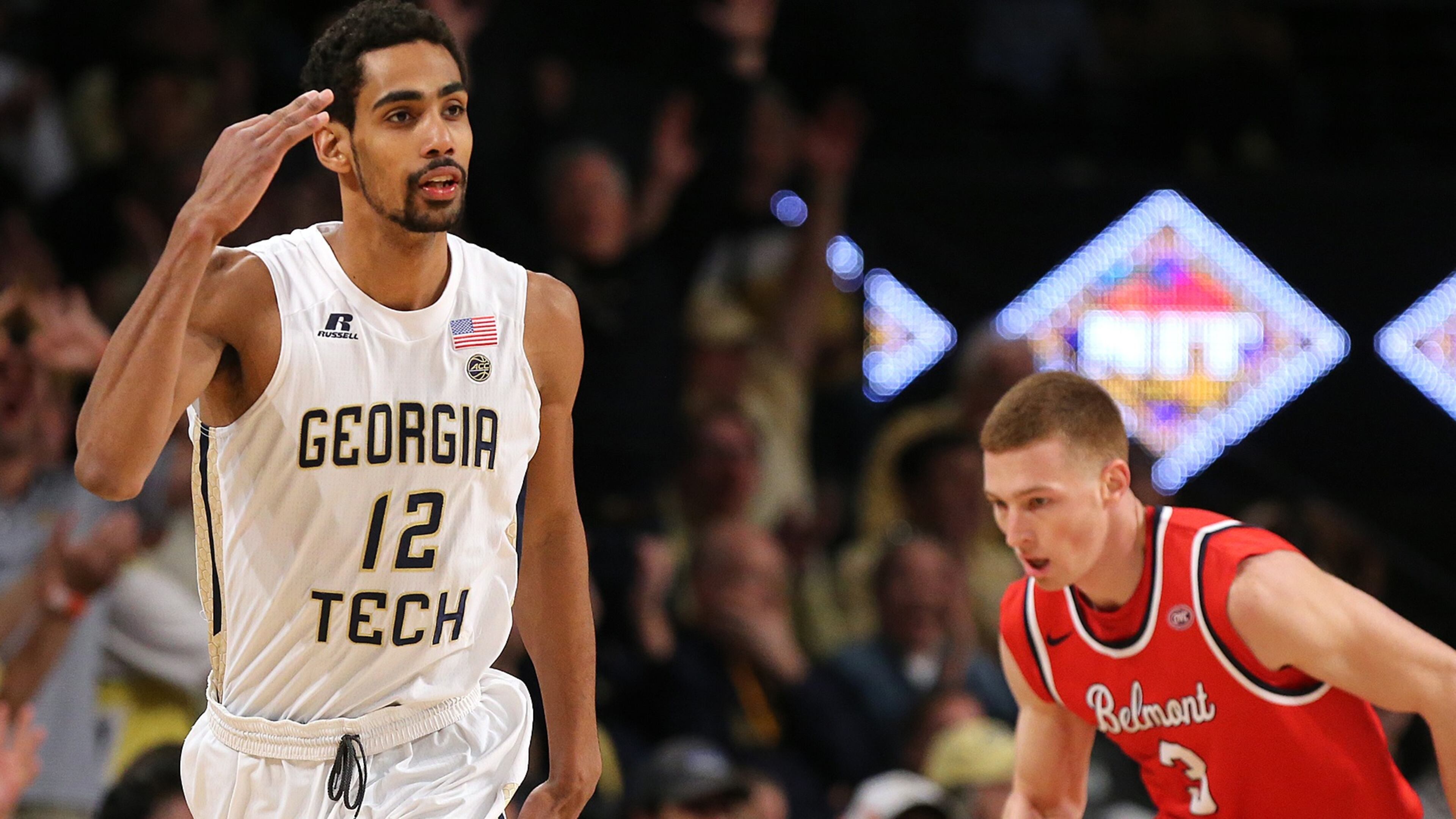 March 19, 2017, Atlanta: Georgia Tech forward Quinton Stephens salutes after making a three pointer against Belmont guard Dylan Windler during the first half in their NIT tournament round two NCAA basketball game on Sunday, March 19, 2017, in Atlanta. Curtis Compton/ccompton@ajc.com