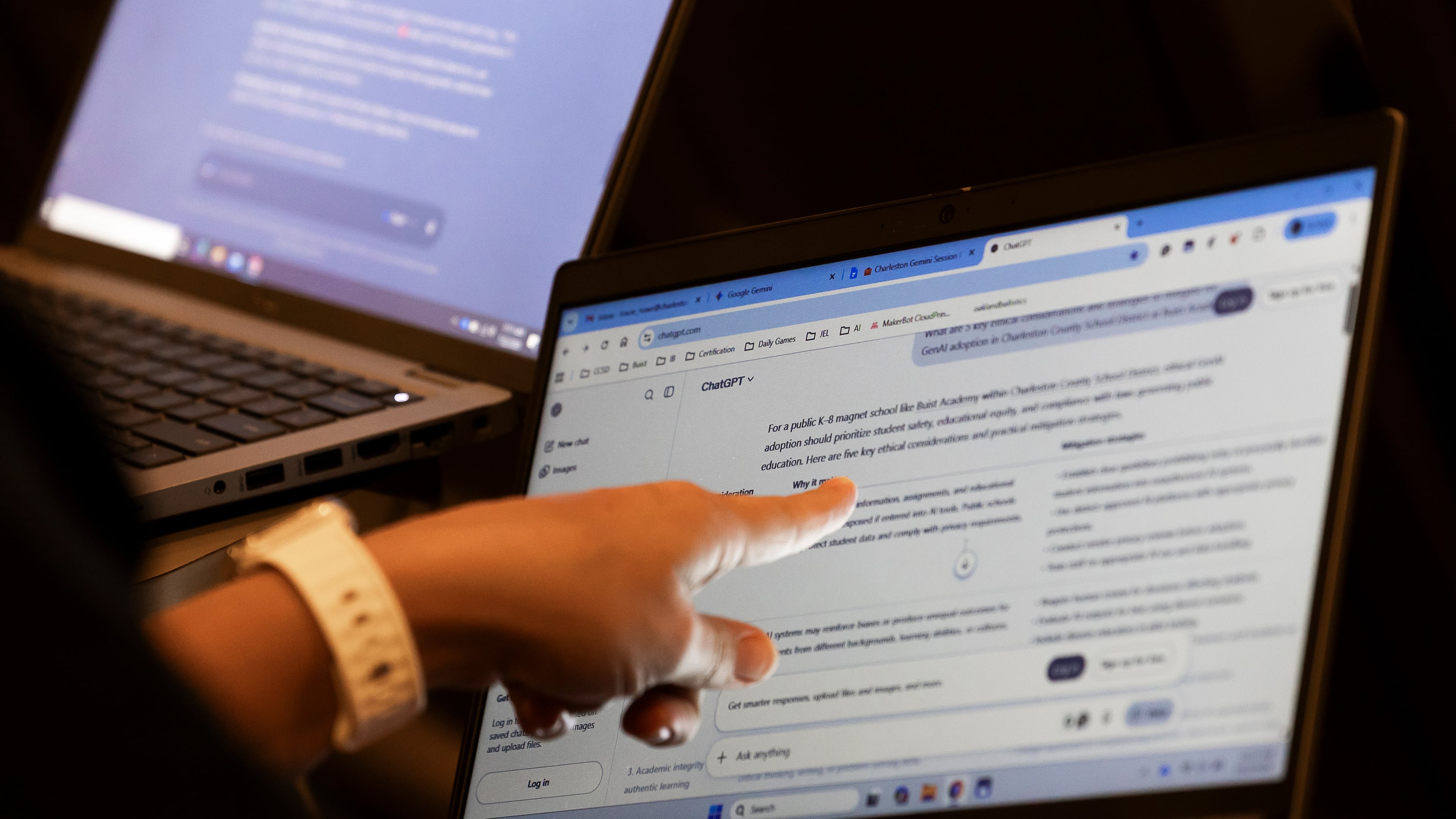 Teachers work with AI on their laptops during the Charleston County School District Charleston Educator Symposium Wednesday, July 22, 2026, in North Charleston, S.C. (AP Photo/Mic Smith)