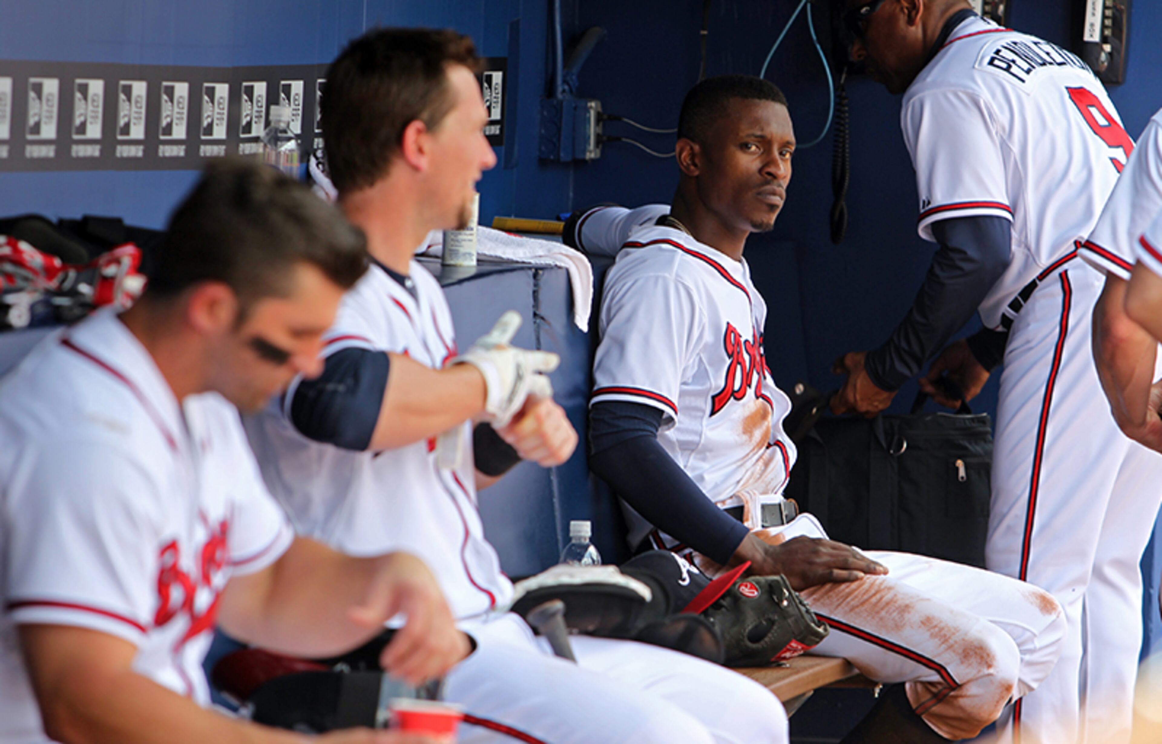 Braves outfielder B.J. Upton sits on the bench for a moment after the Braves 1-0 loss to the Kansas City Royals at Turner Field Wednesday. The loss snapped the Braves' 10-game win streak in the first 13 games of the season.