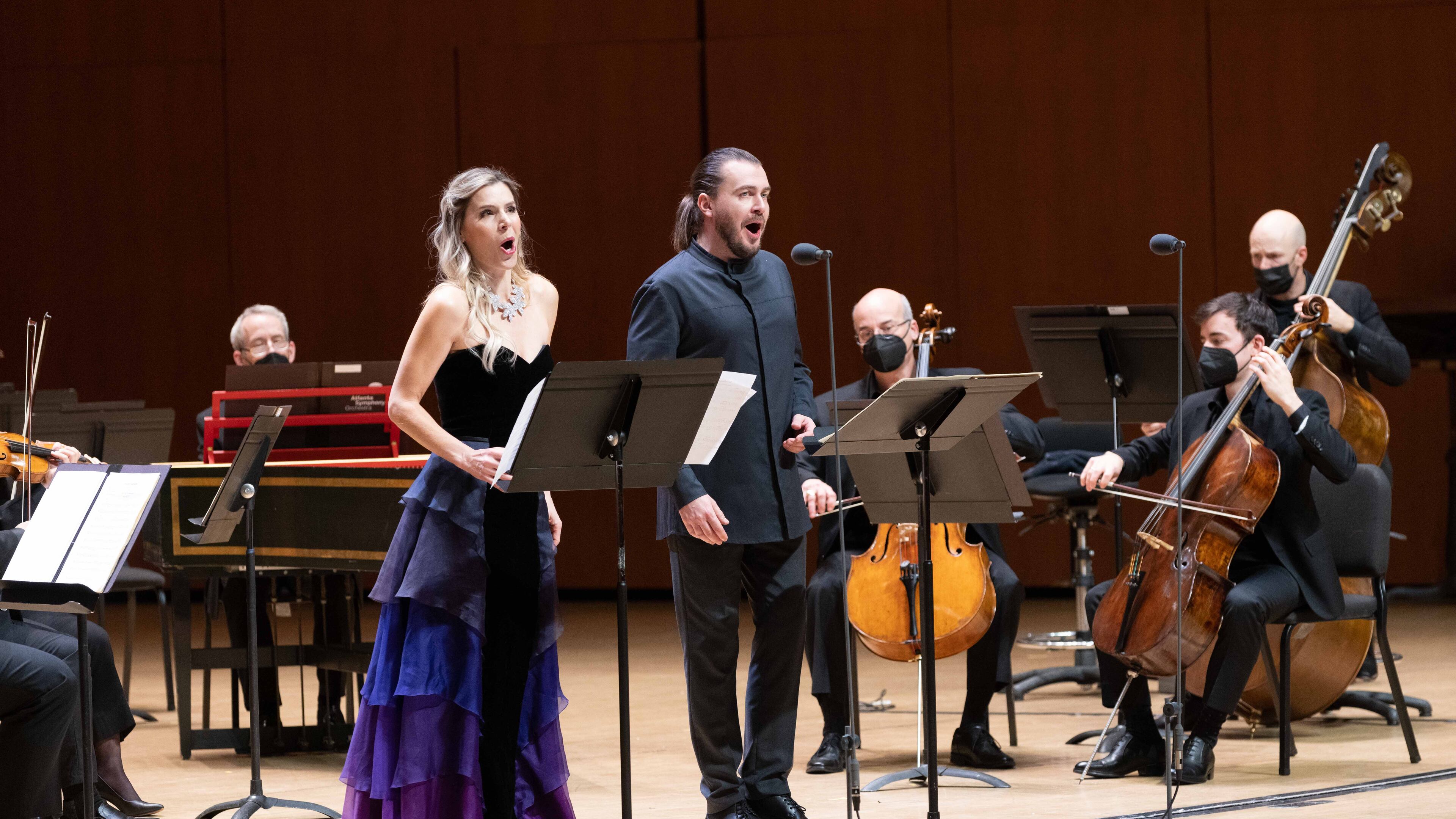 Soprano Georgia Jarman sings with countertenor and conductor Dmitry Sinkovsky during Thursday's ASO performance.