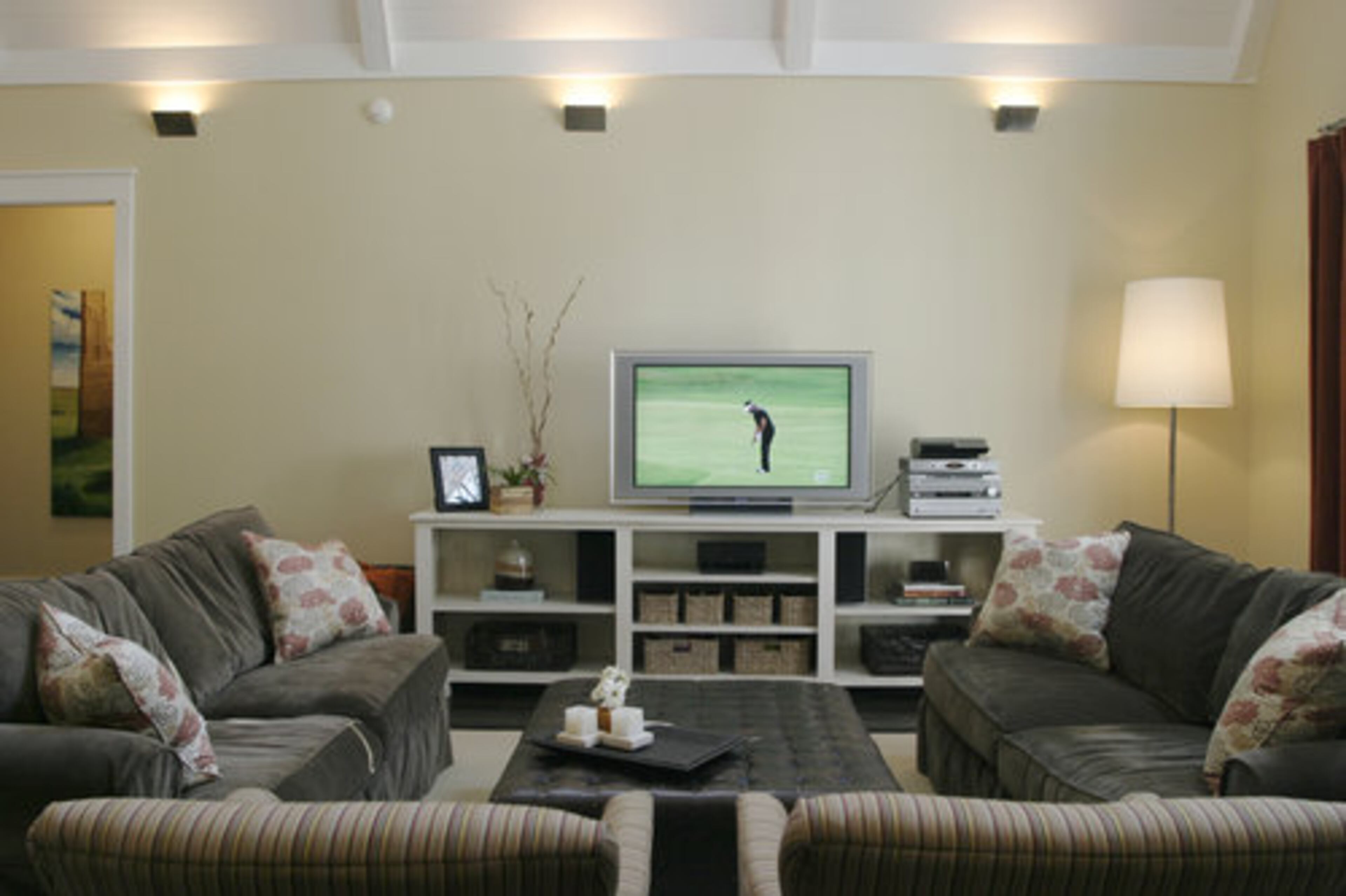 The sofas in the great room are from Mitchell Gold.