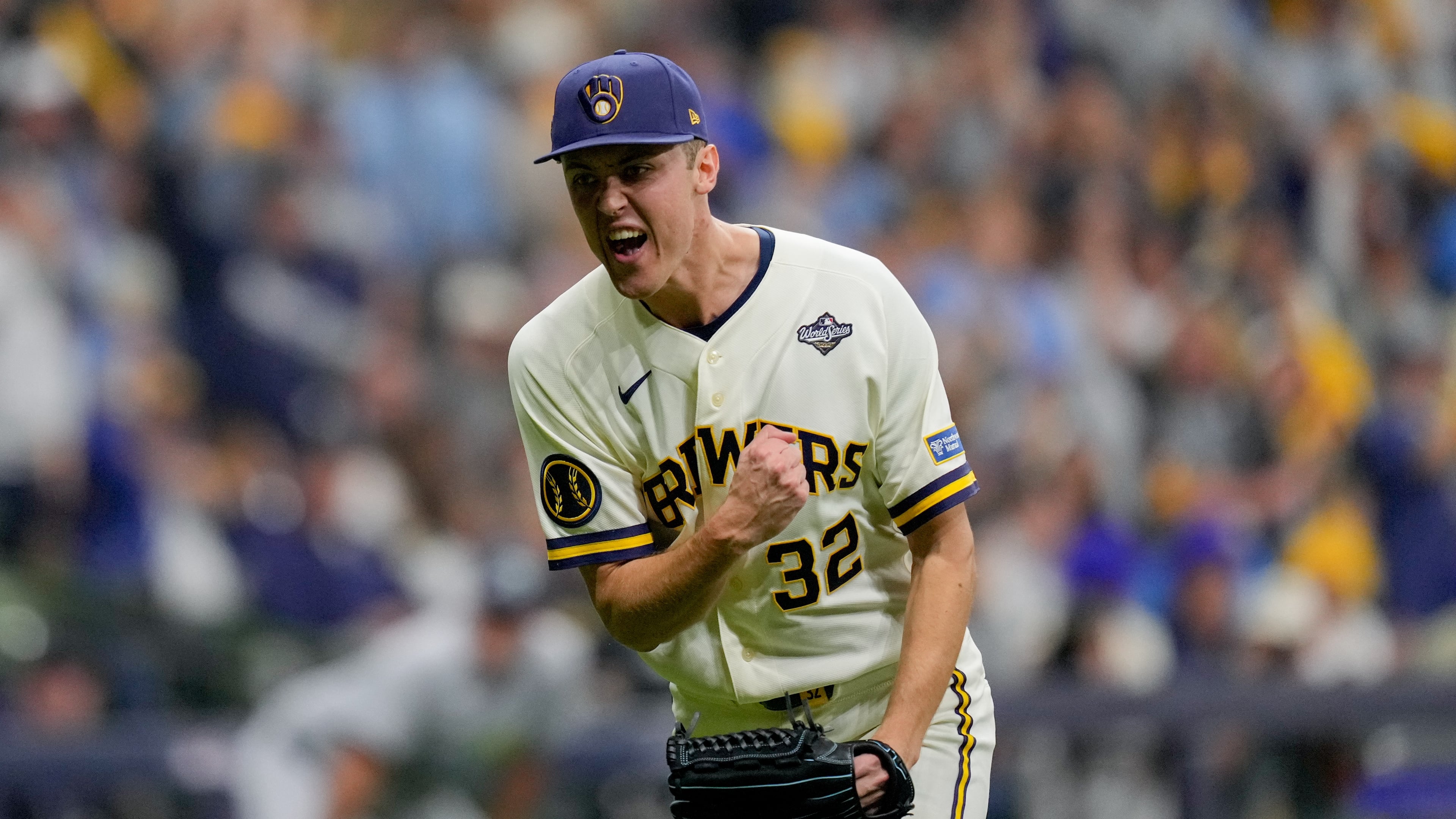 Milwaukee Brewers pitcher Jacob Misiorowski celebrates after the second inning of Game 1 of baseball's World Series, Friday, Oct. 23, 2026, in Milwaukee, between the Milwaukee Brewers and the Tampa Bay Rays. (AP Photo/Ashley Landis)