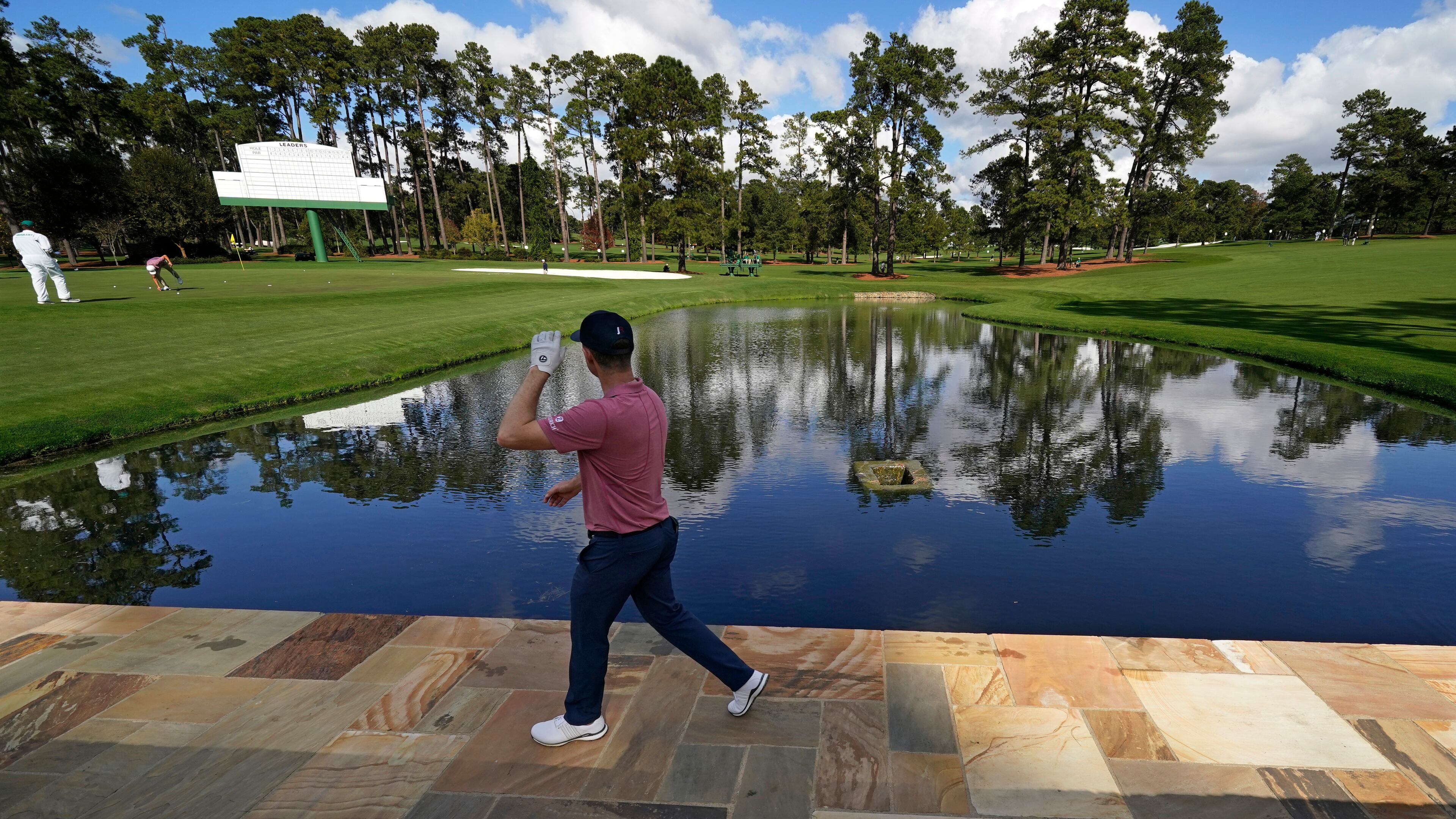 Justin Rose walks to the 15th green during a practice round for the Masters Tournament Monday, Nov. 9, 2020, in Augusta, Ga. (Charlie Riedel/AP)