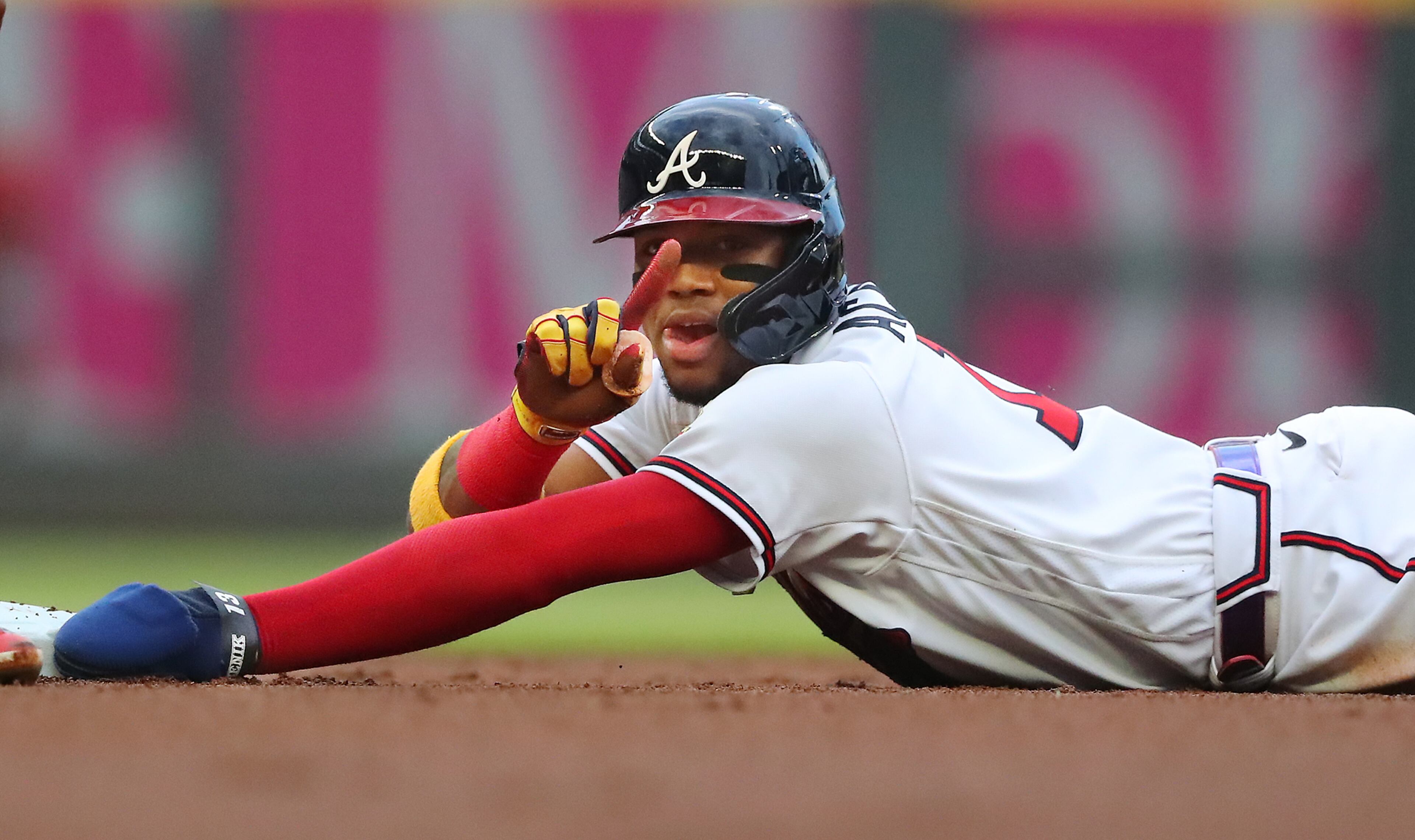 Braves baserunner Ronald Acuna indicates he thinks he was safe after being thrown out trying to steal second against the Washington Nationals during the first inning of a MLB baseball game on Wednesday, Jun 2, 2021, in Atlanta. “Curtis Compton / Curtis.Compton@ajc.com”