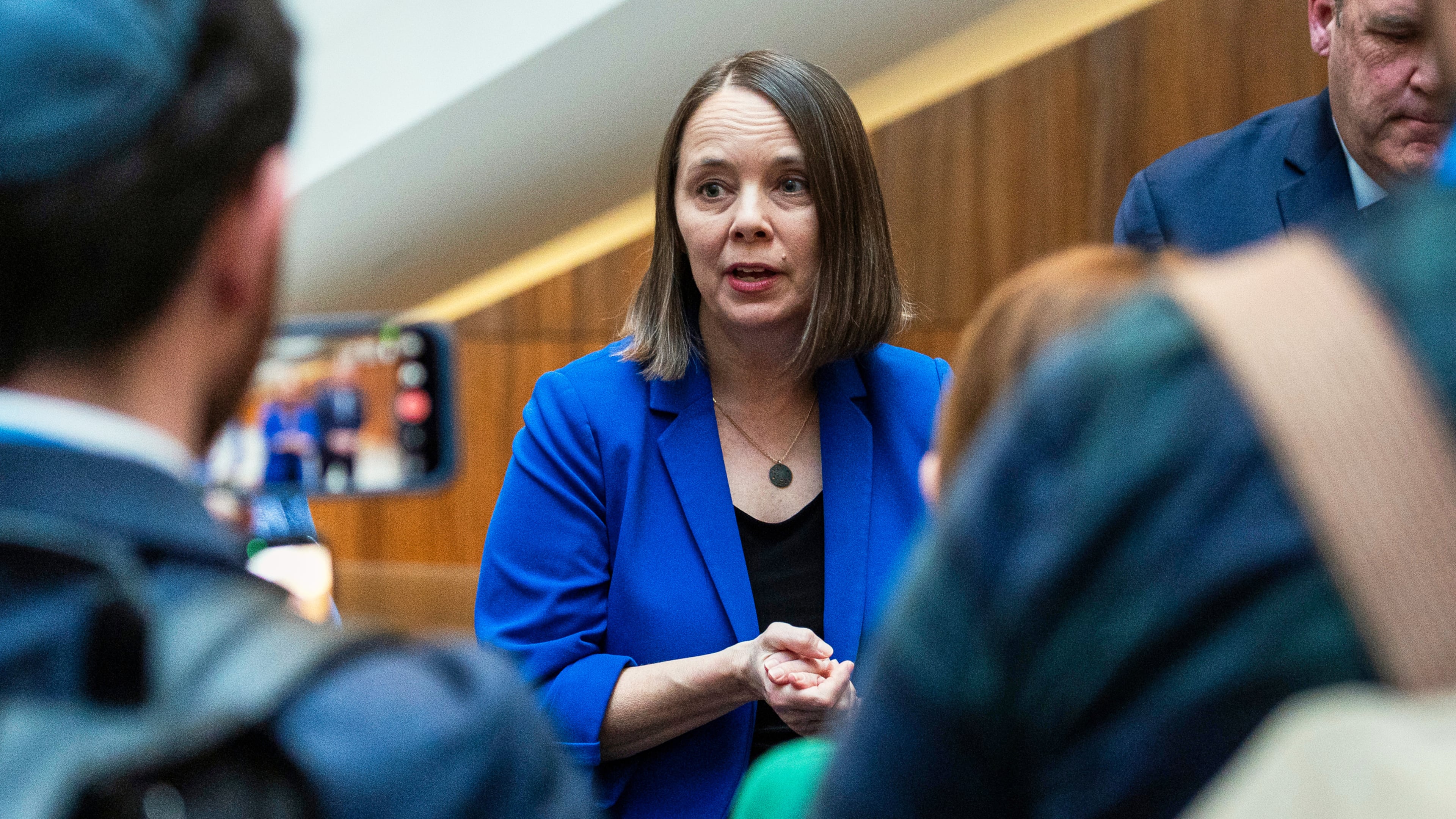FILE - Maine Secretary of State Shenna Bellows speaks with reporters during the National Associate of Secretaries of State Conference in Washington, Jan. 30, 2026. (AP Photo/Cliff Owen, File)