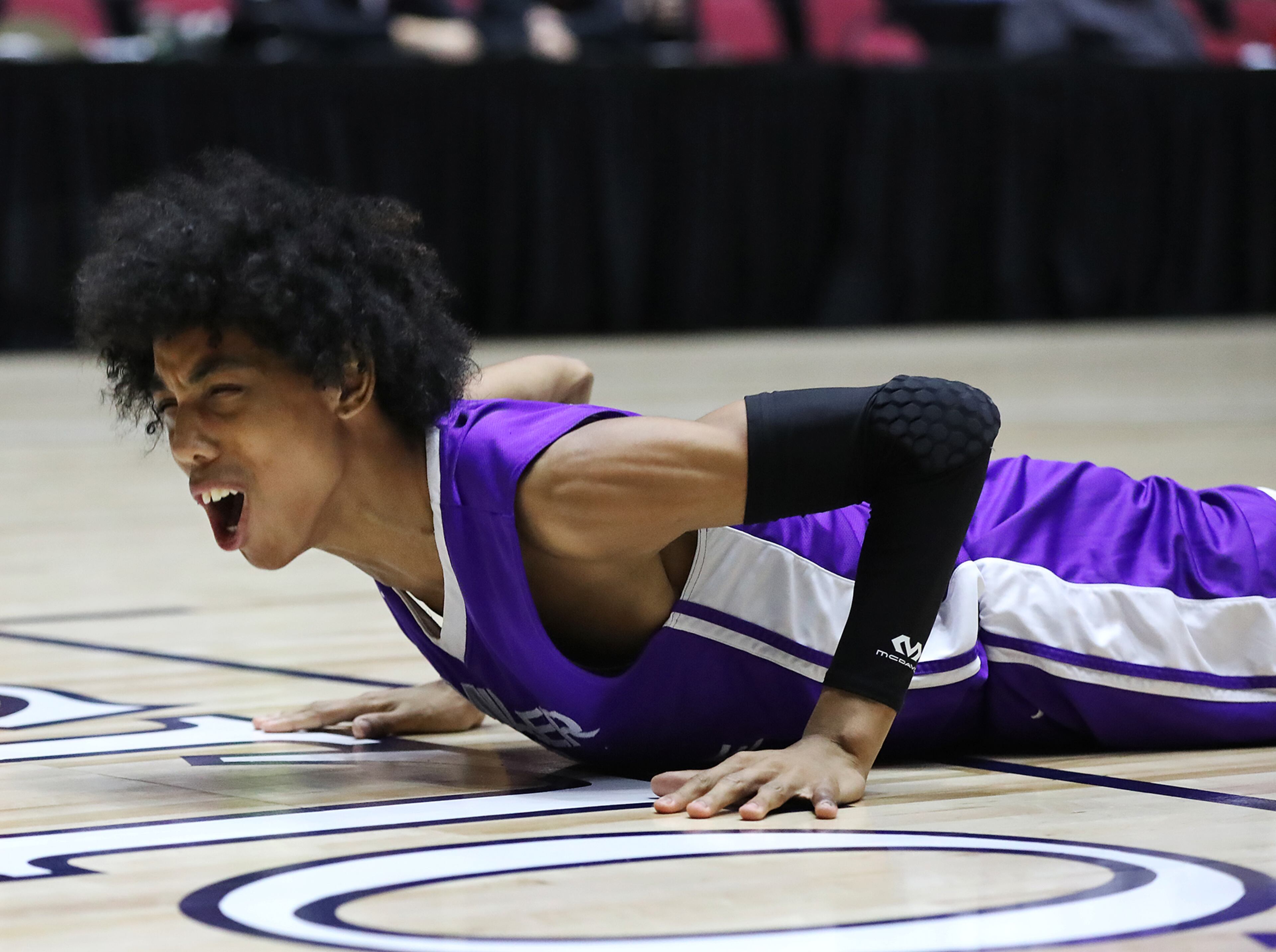 March 8, 2018 Macon: Miller Grove guard Terrence Edwards and the Wolverines fall to Warner Robins 67-64 in the final seconds of their GHSA state basketball championship game on Thursday, March 8, 2018, in Macon. Curtis Compton/ccompton@ajc.com