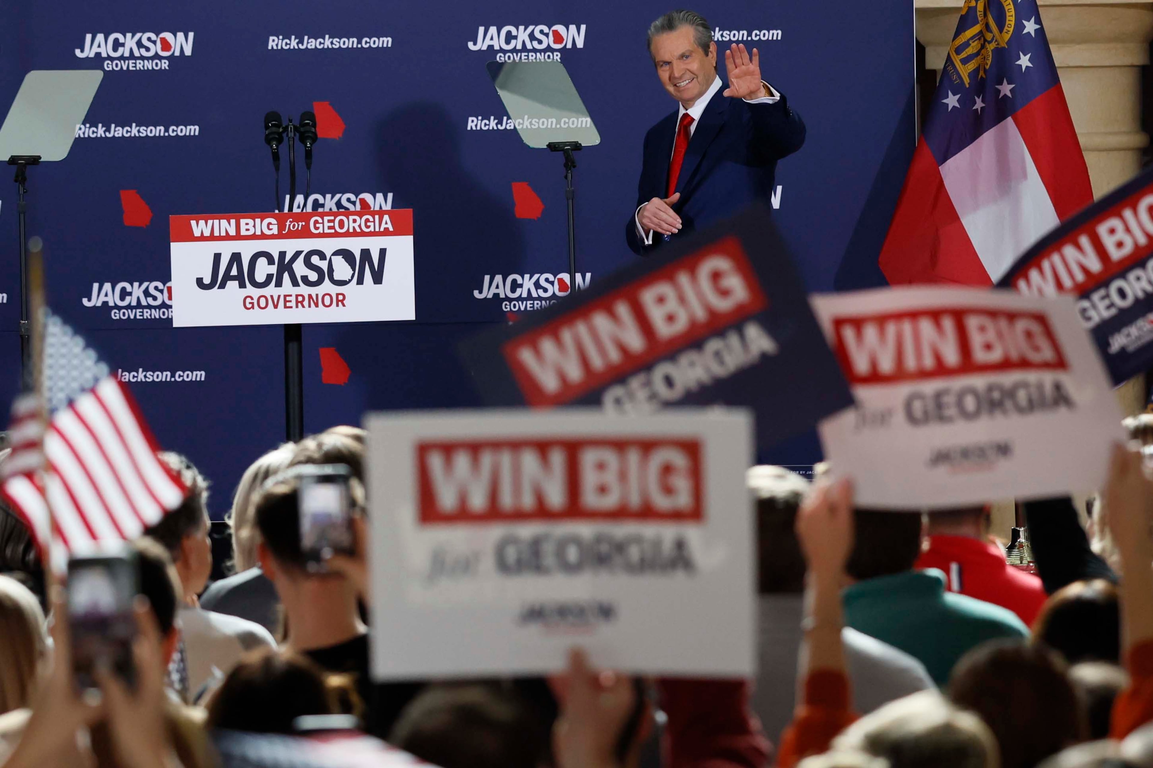 Healthcare business owner Rick Jackson recognizes his supporters after his campaign kickoff speech for Georgia governor at Jackson Healthcare in Alpharetta on Wednesday, Feb. 4, 2026. (Miguel Martinez/AJC)