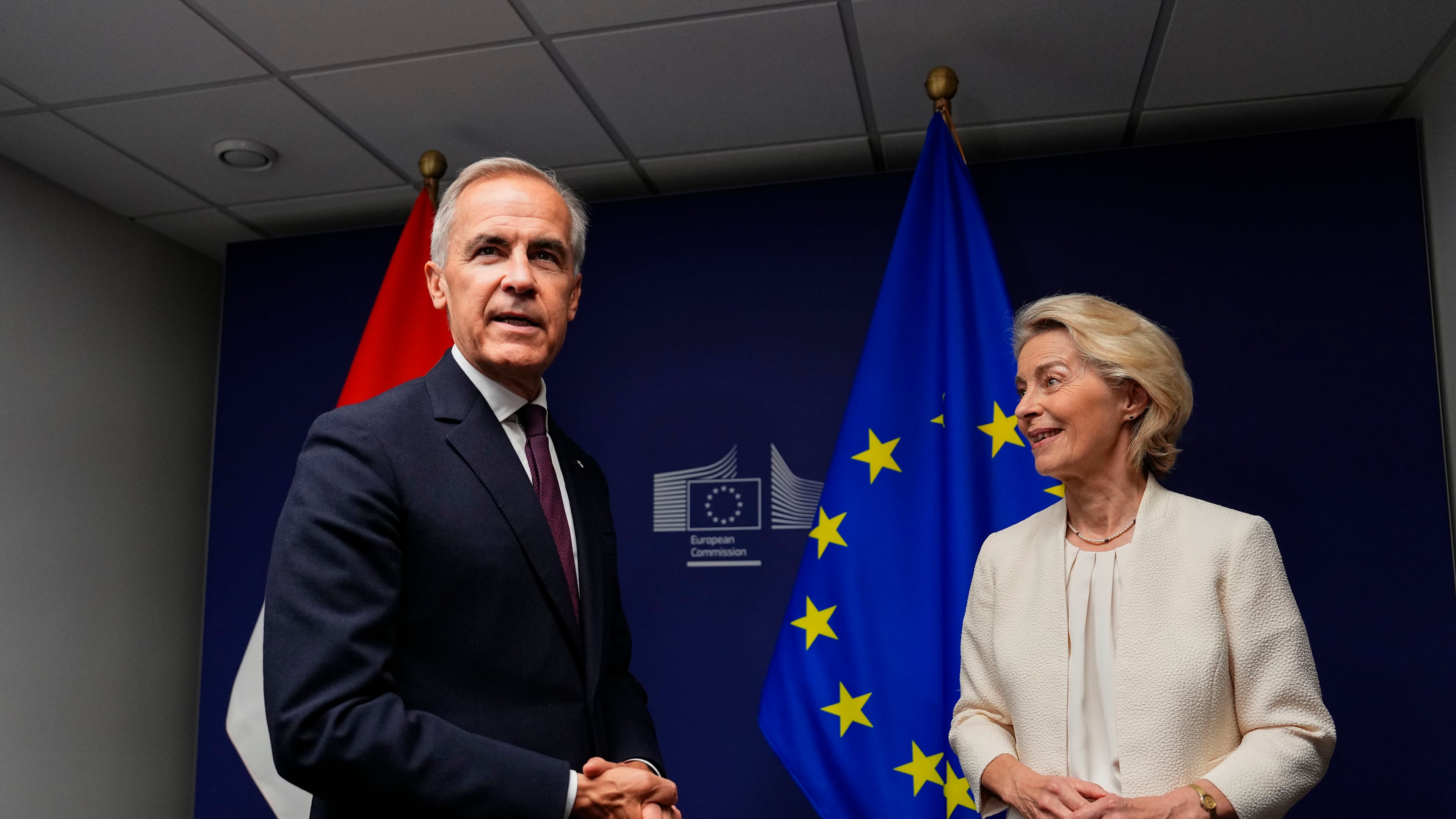 Canadian Prime Minister Mark Carney left, and European Commission President Ursula von der Leyen participate in a bilateral meetingat the European Parliament in Strasbourg, France, Wednesday, Sept. 16, 2026. (Justin Tang/The Canadian Press via AP)