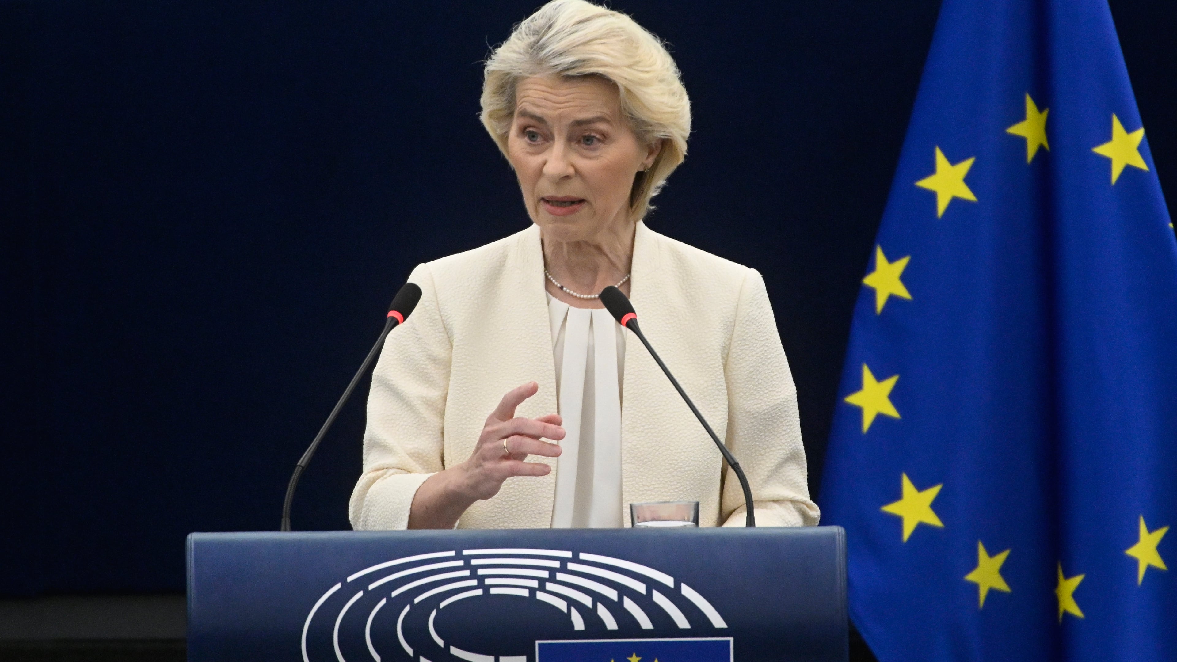 FILE - European Commission President Ursula von der Leyen delivers a speech at the annual State of the European Union at the European Parliament in Strasbourg, eastern France, Wednesday, Sept 16, 2026. (AP Photo/Pascal Bastien, File)