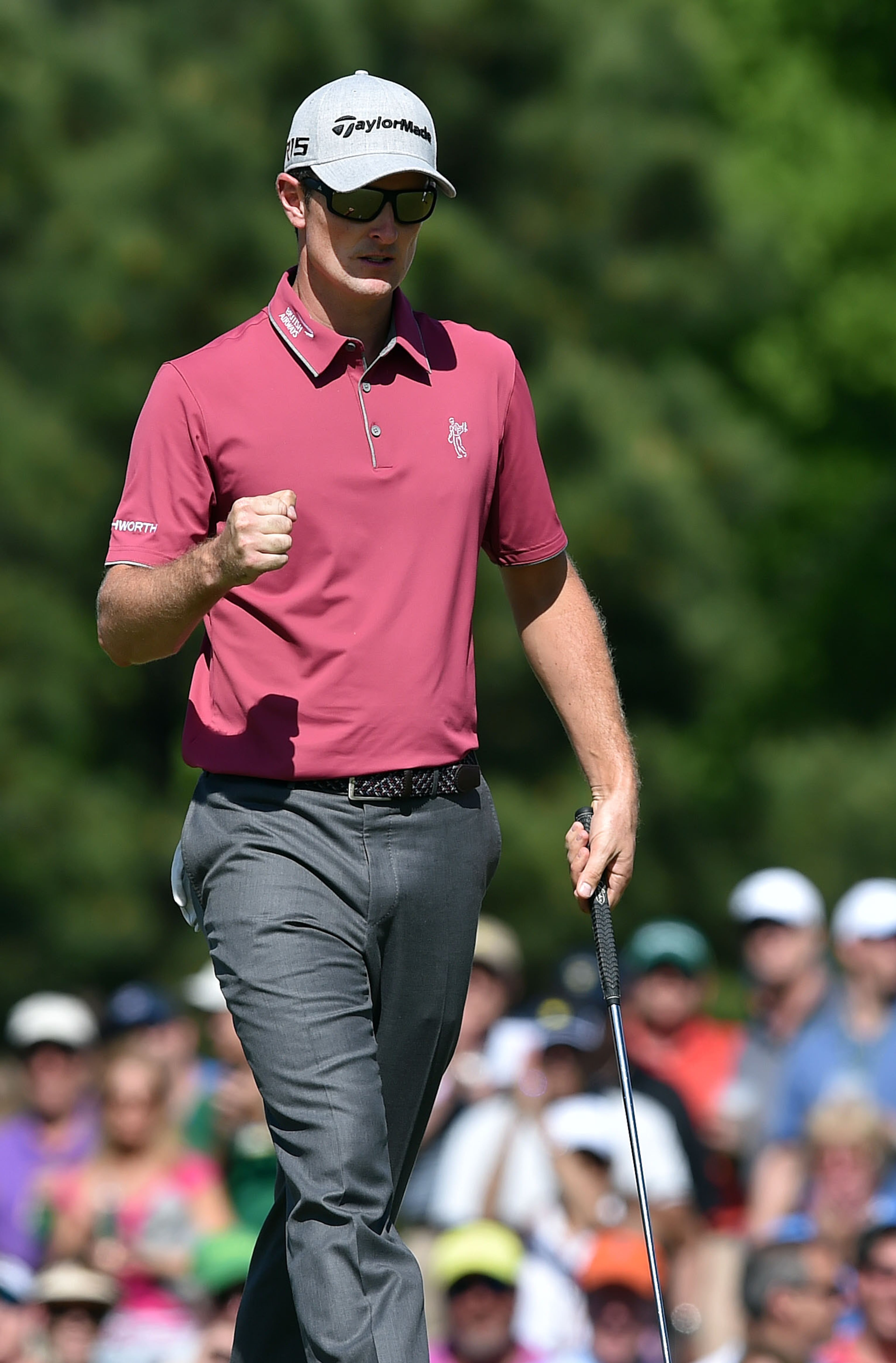 Justin Rose reacts on the #7 green. Photos from the third round at the Masters Golf Tournament, Saturday, April 11, 2015. BRANT SANDERLIN/BSANDERLIN@AJC.COM