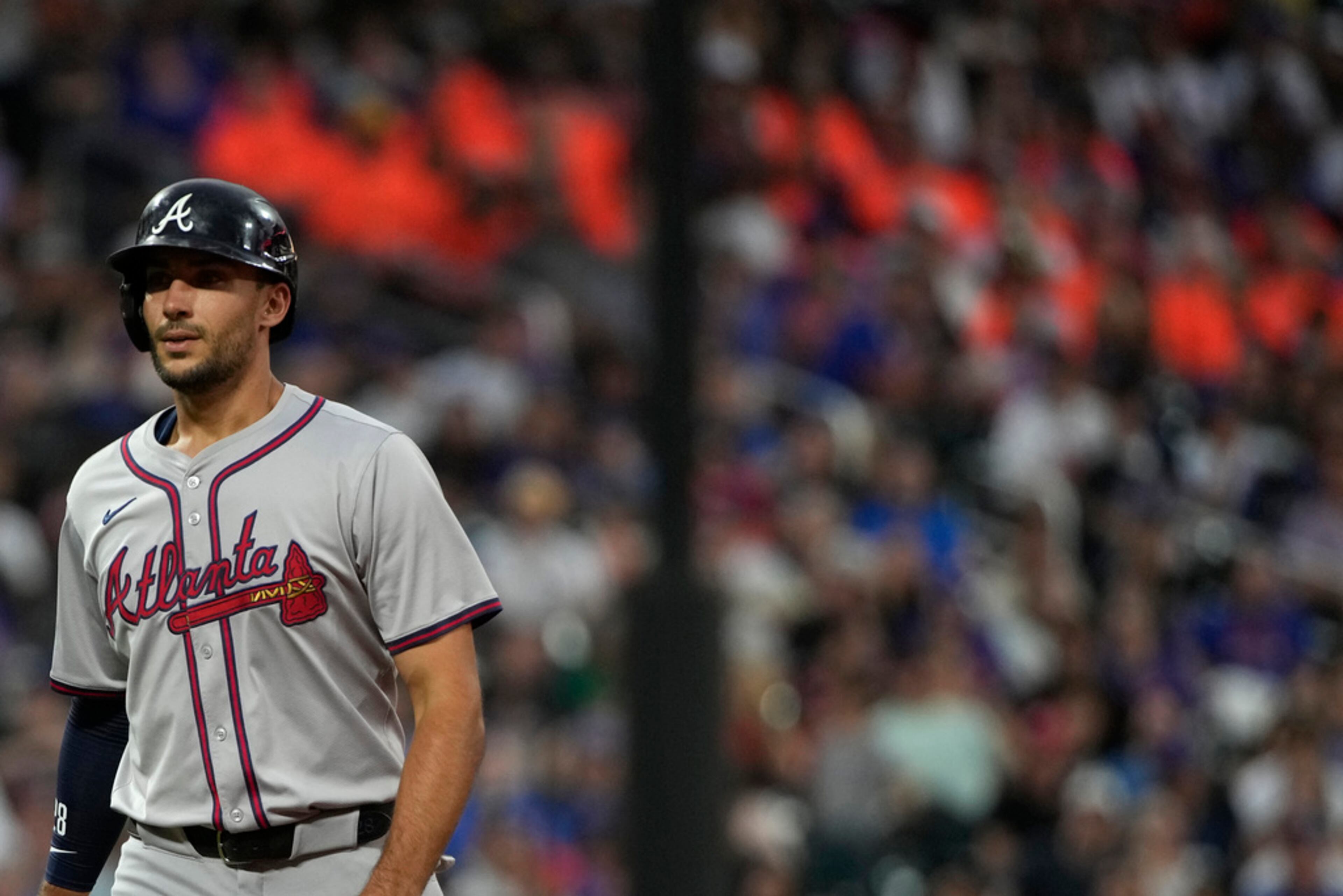 Atlanta Braves' Matt Olson stands on the field during the third inning of a baseball game against the New York Mets, Thursday, July 25, 2024, in New York. (AP Photo/Pamela Smith)