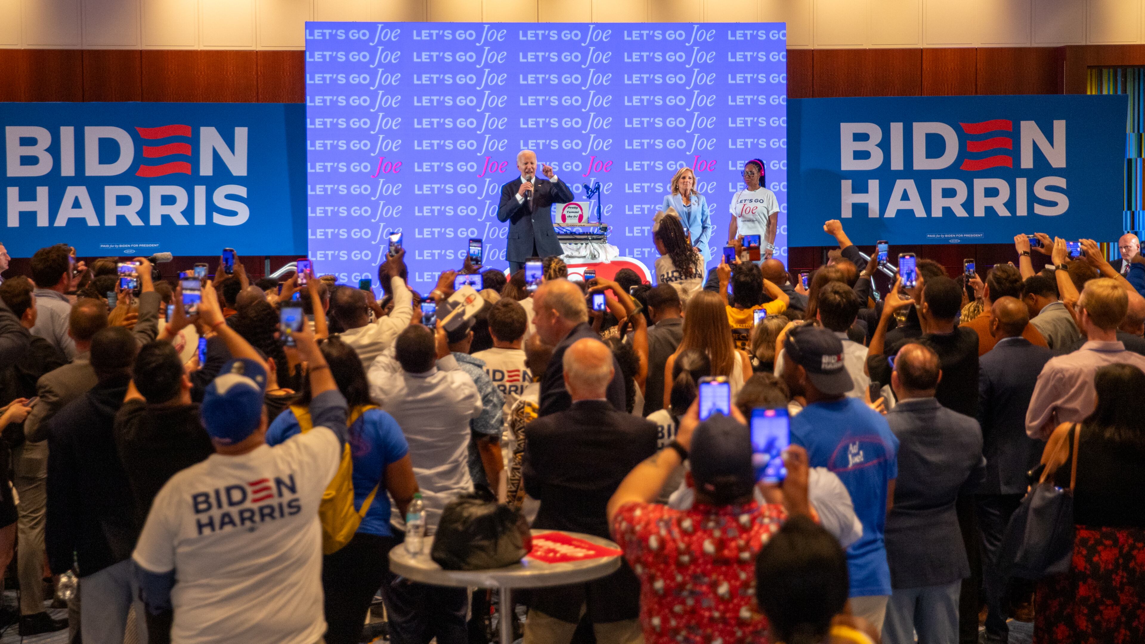 President Joe Biden drops in on the Democratic Party’s watch party at the Hyatt Regency Atlanta following his debate June 27. Biden has faced pressure, including from within the Democratic Party, to end his reelection bid following his poor performance in the showdown against former President Donald Trump. (Jenni Girtman for The Atlanta Journal-Constitution)