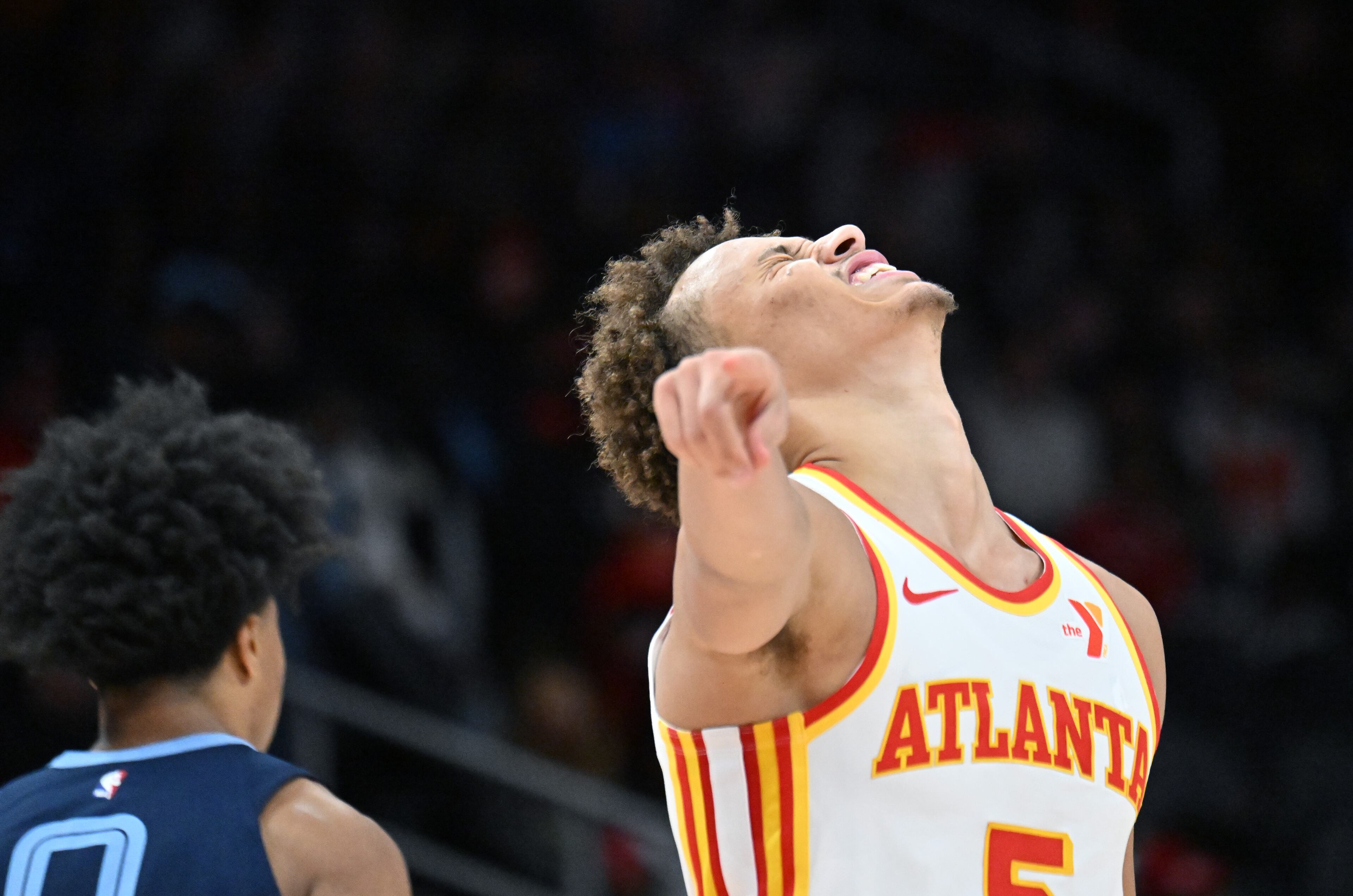 Atlanta Hawks guard Dyson Daniels (5) reacts to being called during the second half in an NBA basketball game at State Farm Arena, Saturday, December 21, 2024, in Atlanta. Memphis Grizzlies won 128-112 over Atlanta Hawks. (Hyosub Shin / AJC)